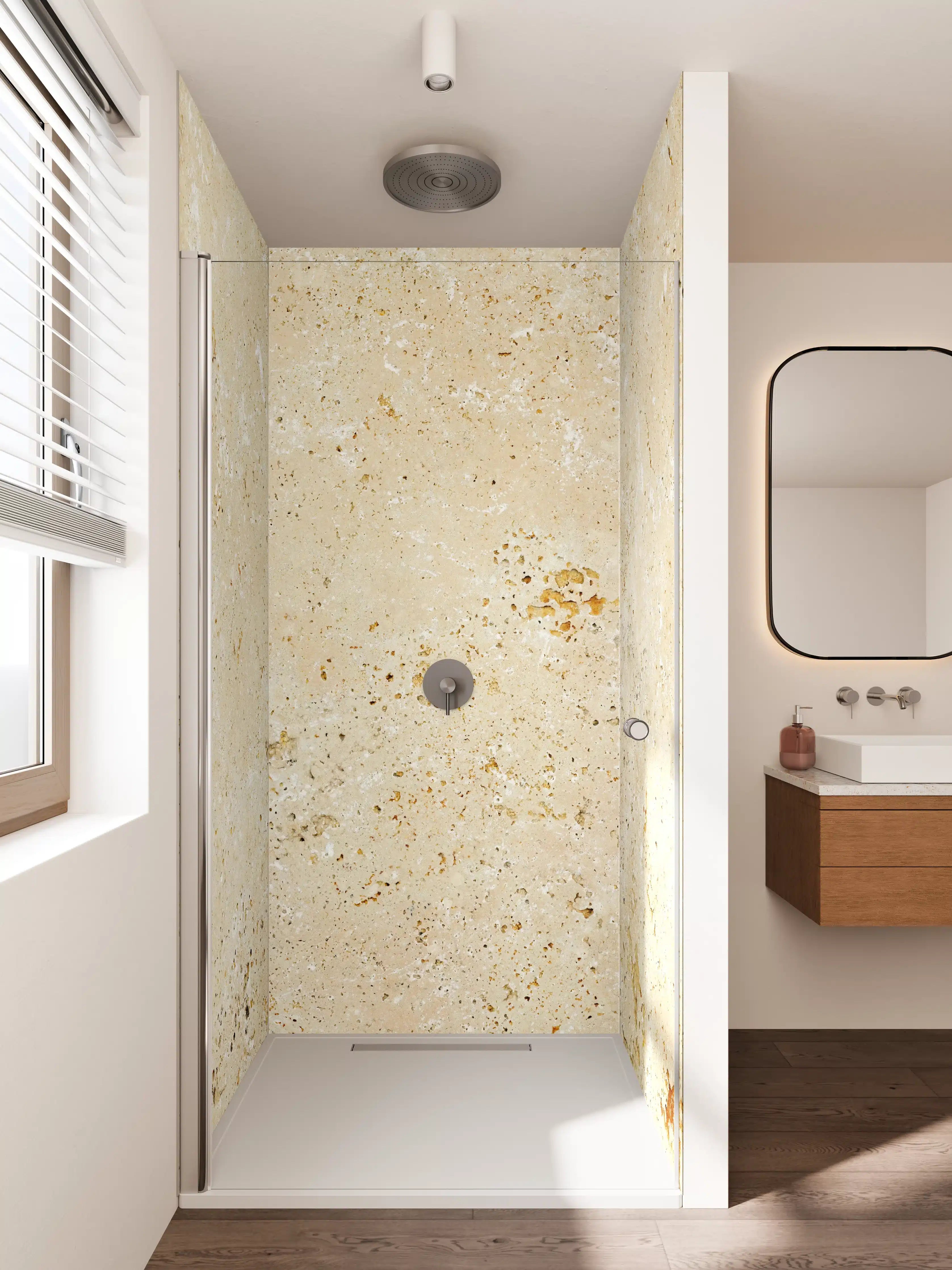 Duschrückwand - Beige Travertin-Optik mit warmen Farbtönen