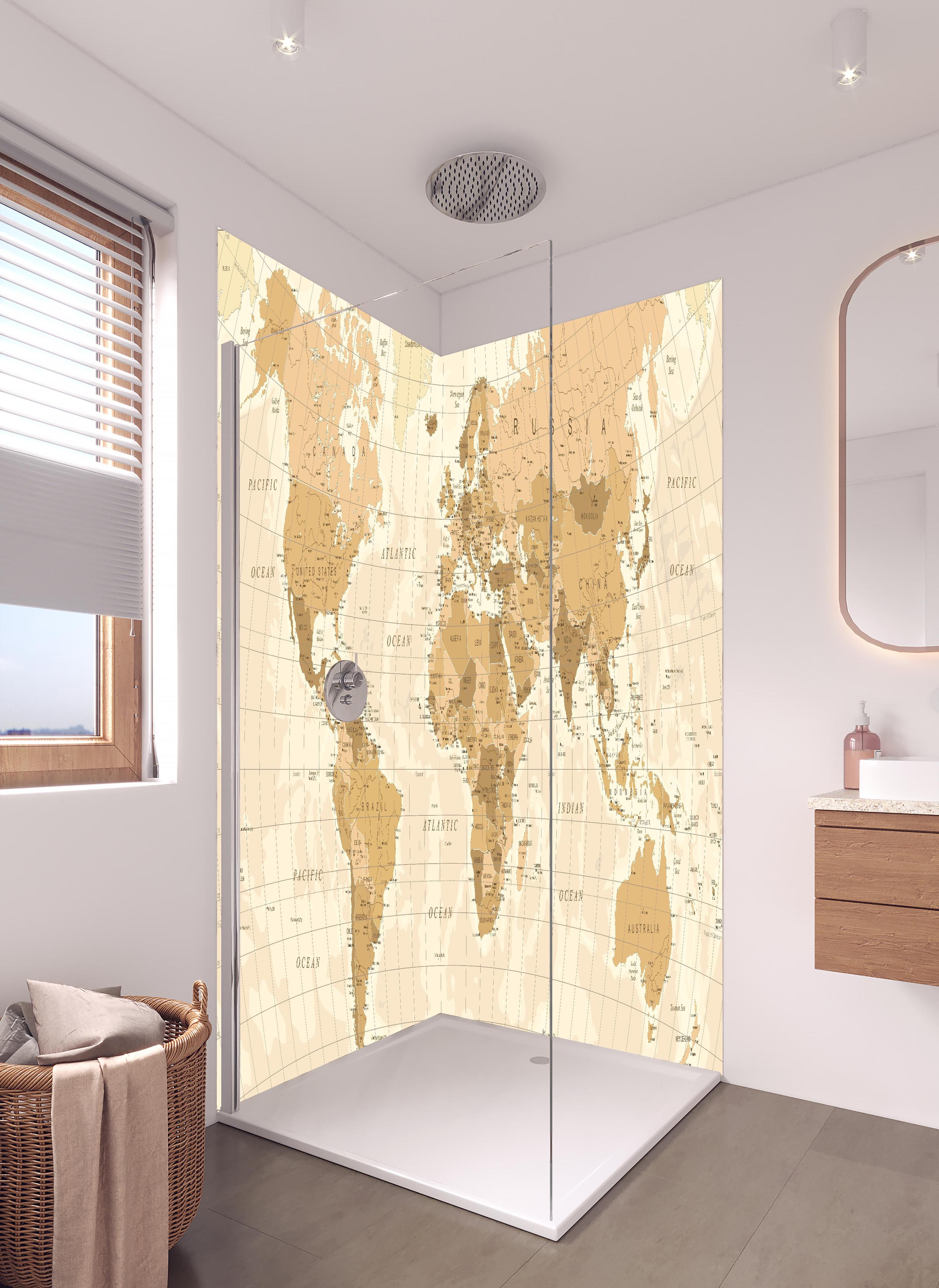 Duschrückwand - Beige Vintage Weltkarte Wanddekor in hellem Badezimmer mit Regenduschkopf - zweiteilige Eck-Duschrückwand