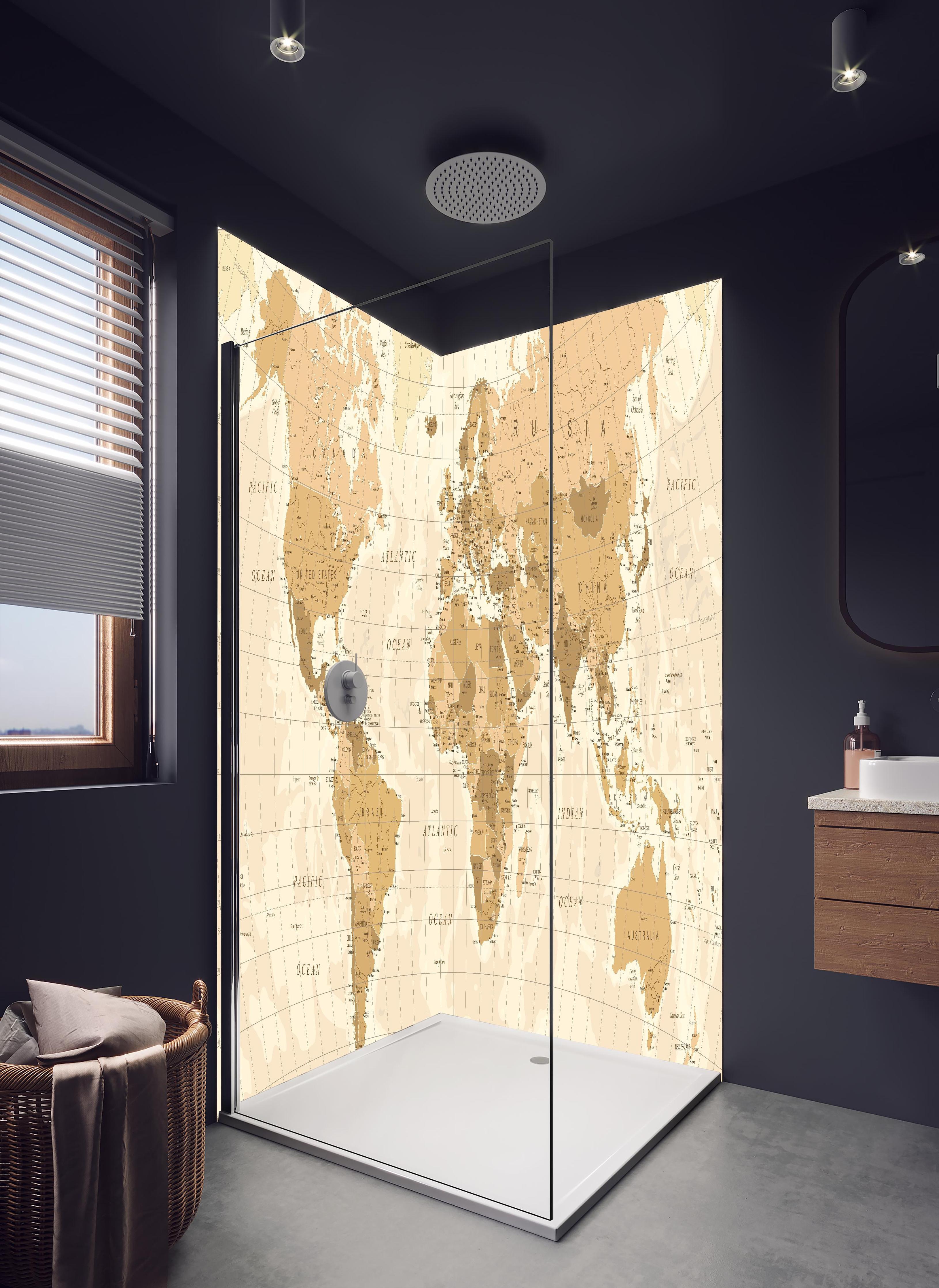 Duschrückwand - Beige Vintage Weltkarte Wanddekor in hellem Badezimmer mit Regenduschkopf - zweiteilige Eck-Duschrückwand