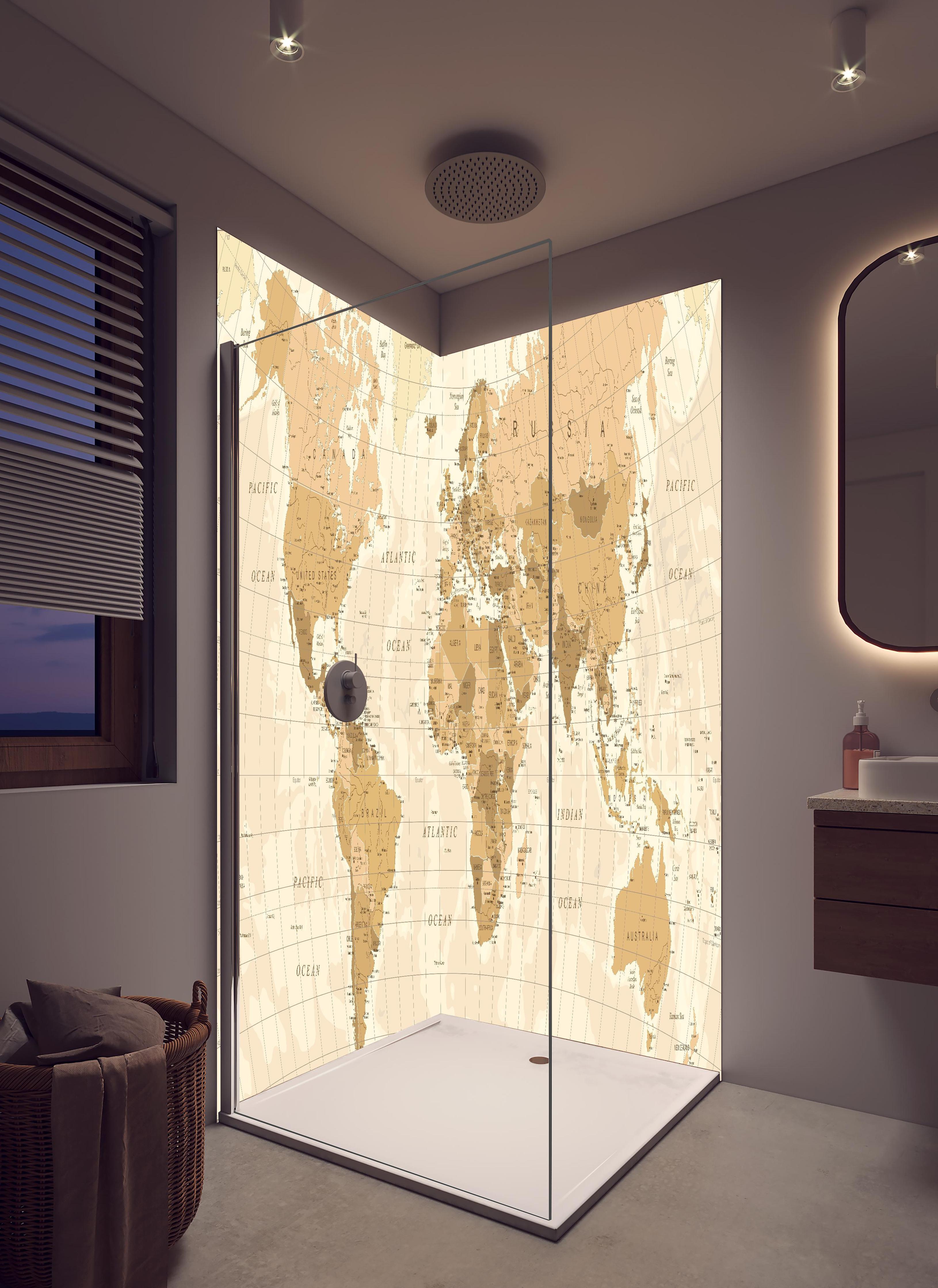 Duschrückwand - Beige Vintage Weltkarte Wanddekor in hellem Badezimmer mit Regenduschkopf - zweiteilige Eck-Duschrückwand