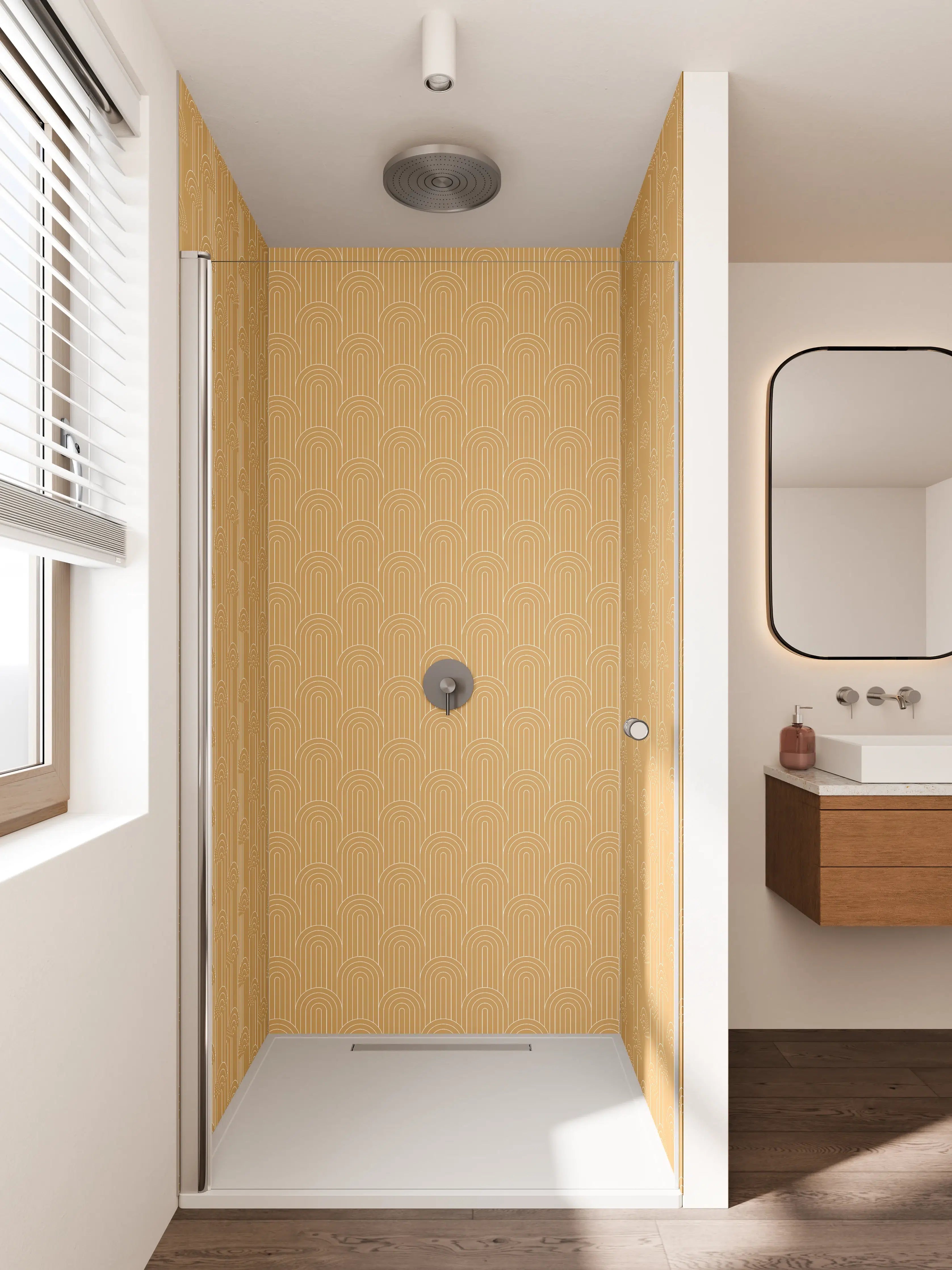 Duschrückwand - Beige-Weiße geätzte Textur mit eleganten Mustern