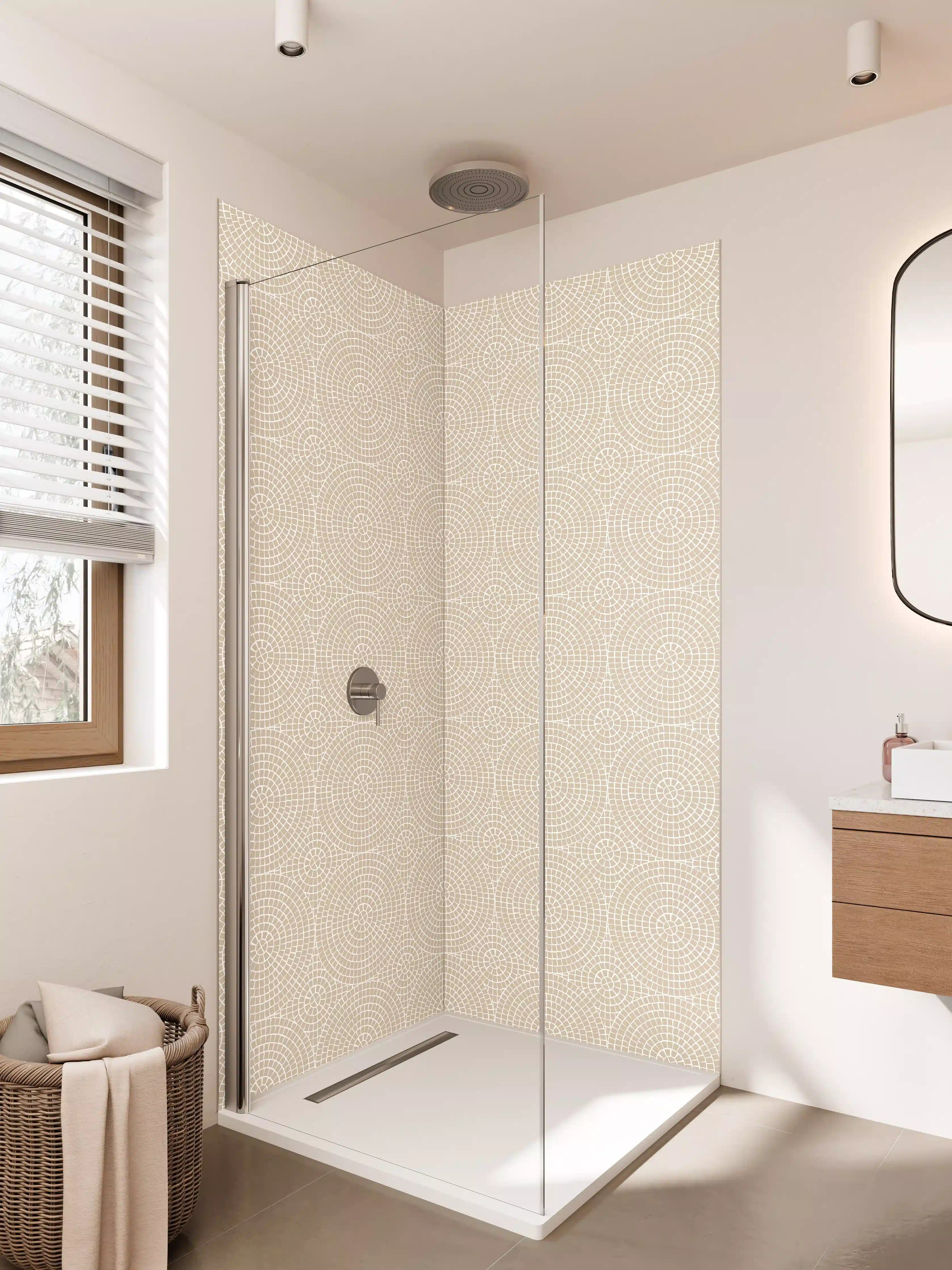 Duschrückwand - Beige-hellgrau Muster mit geometrischen Kreisen