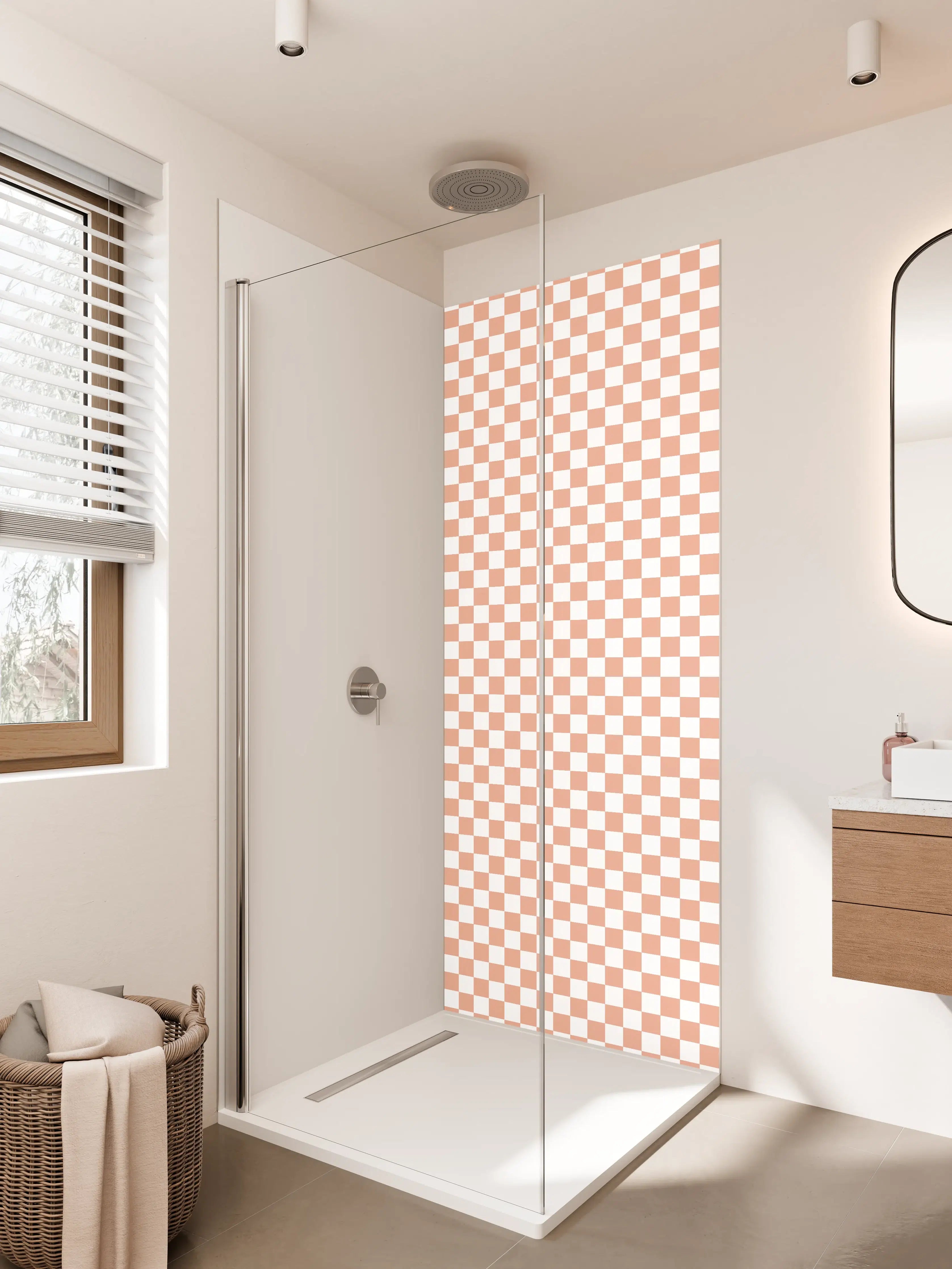 Duschrückwand - Beige und Weiß Checkmuster mit feiner Struktur