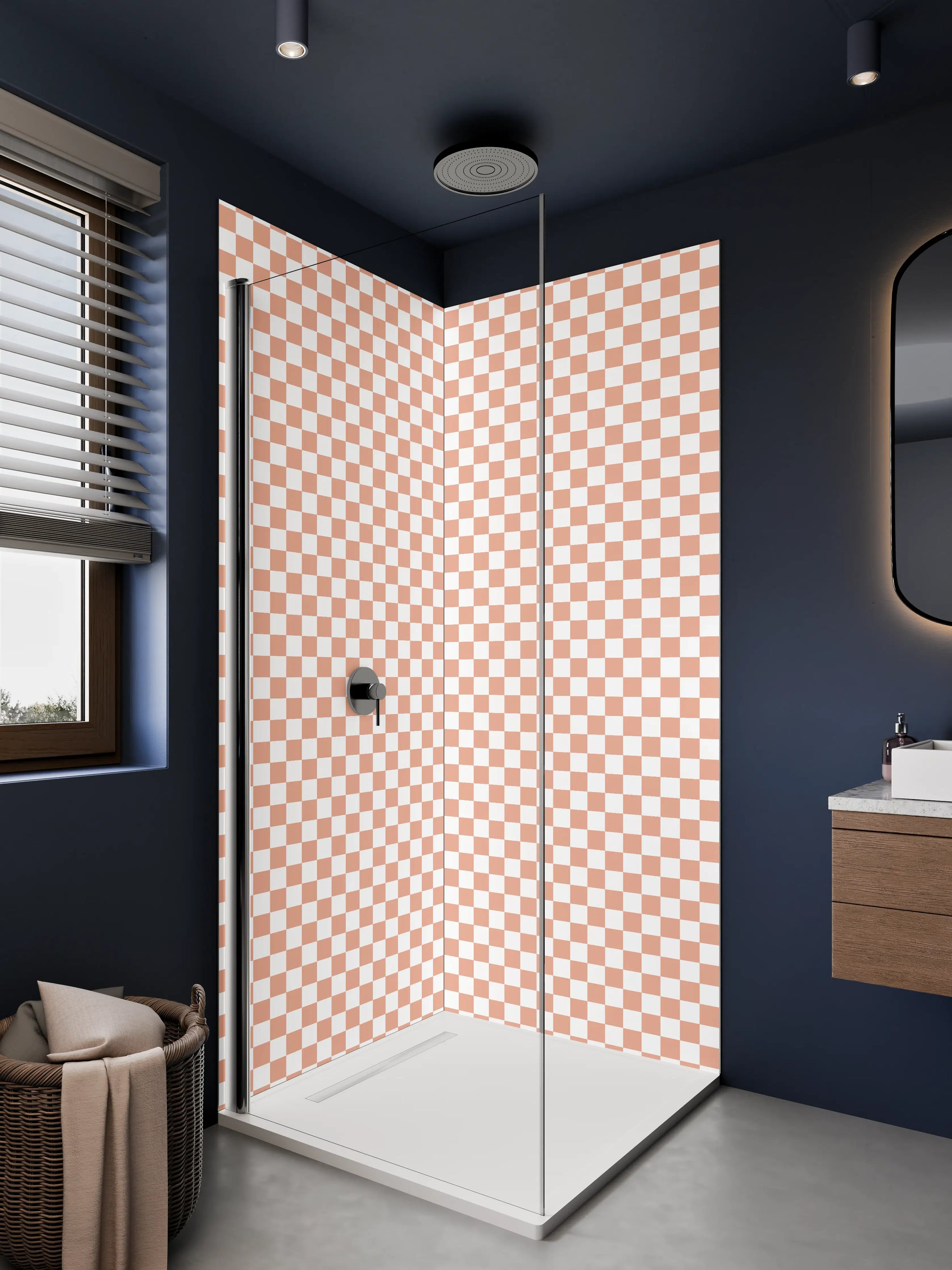 Duschrückwand - Beige und Weiß Checkmuster mit feiner Struktur