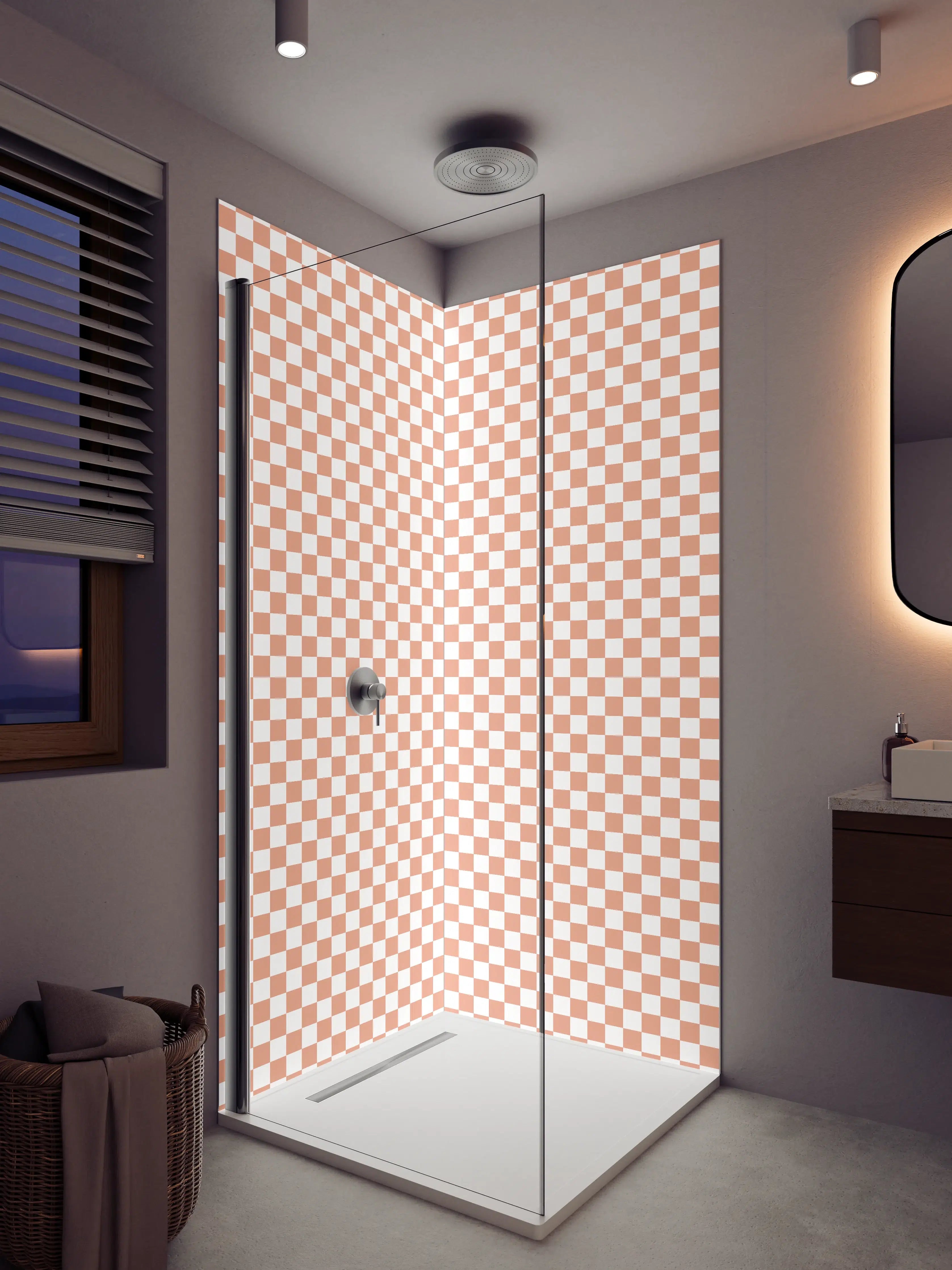 Duschrückwand - Beige und Weiß Checkmuster mit feiner Struktur