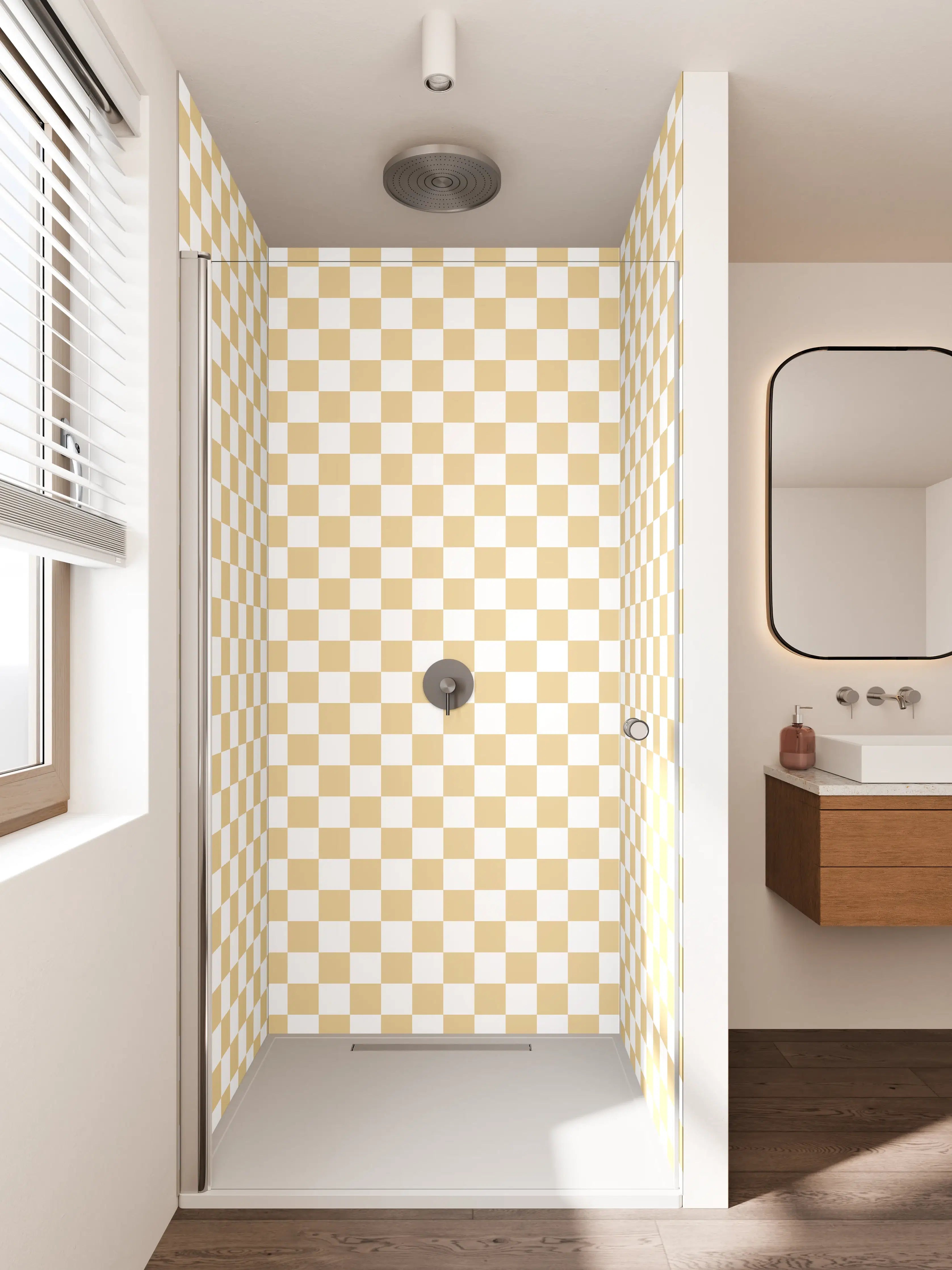 Duschrückwand - Beige-weiße Checkermuster mit subtiler Farbgebung