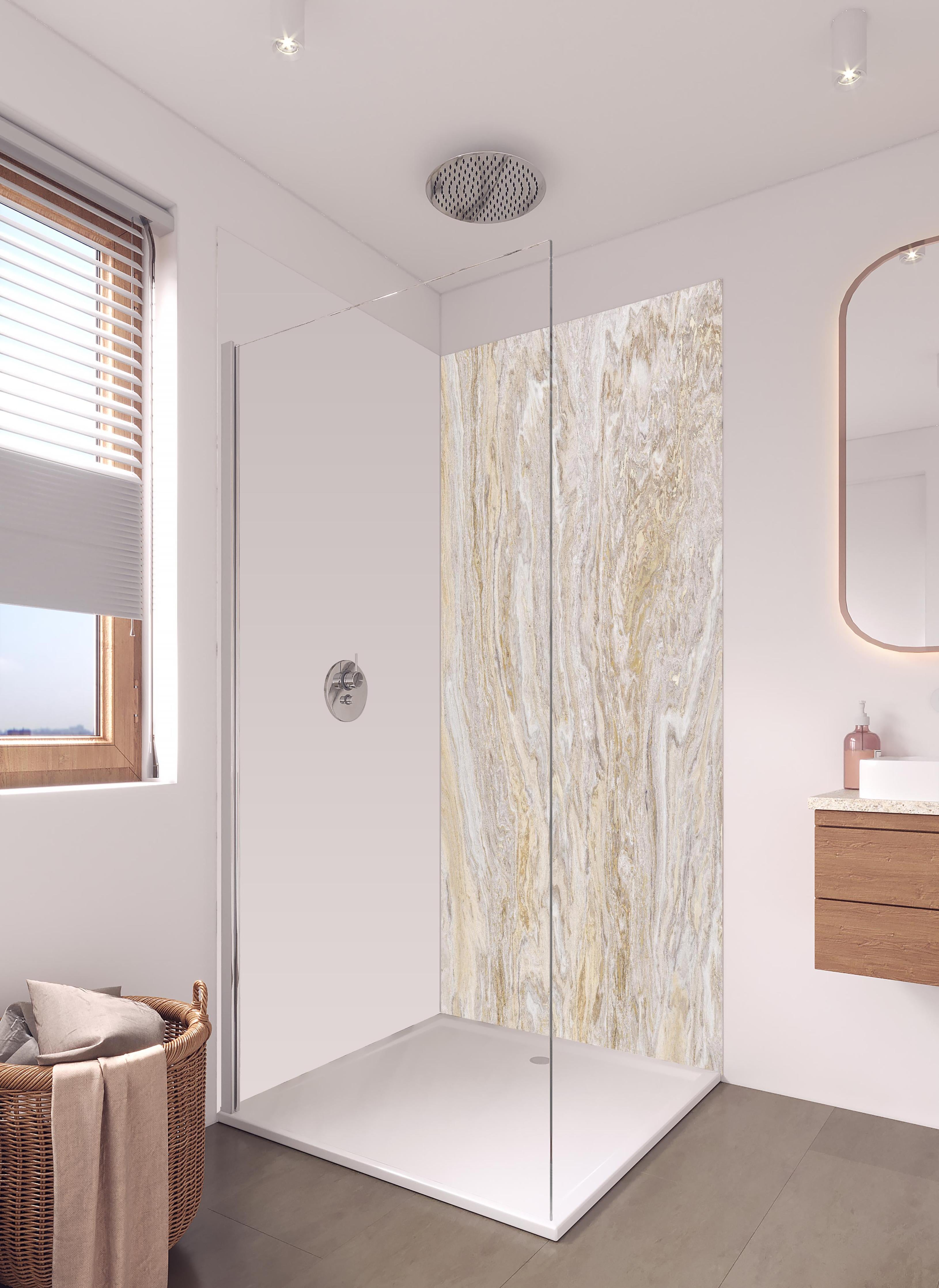 Duschrückwand - Beiger Travertinmarmor in hellem Badezimmer mit Regenduschkopf - zweiteilige Eck-Duschrückwand