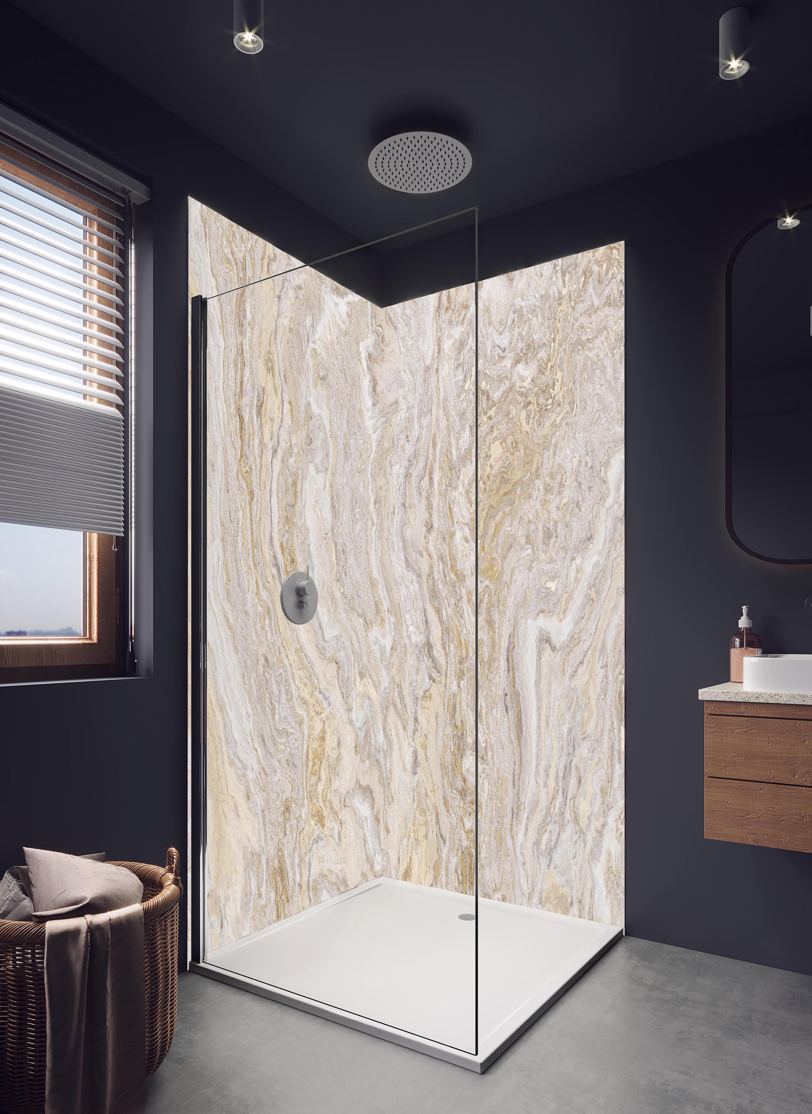 Duschrückwand - Beiger Travertinmarmor in hellem Badezimmer mit Regenduschkopf - zweiteilige Eck-Duschrückwand