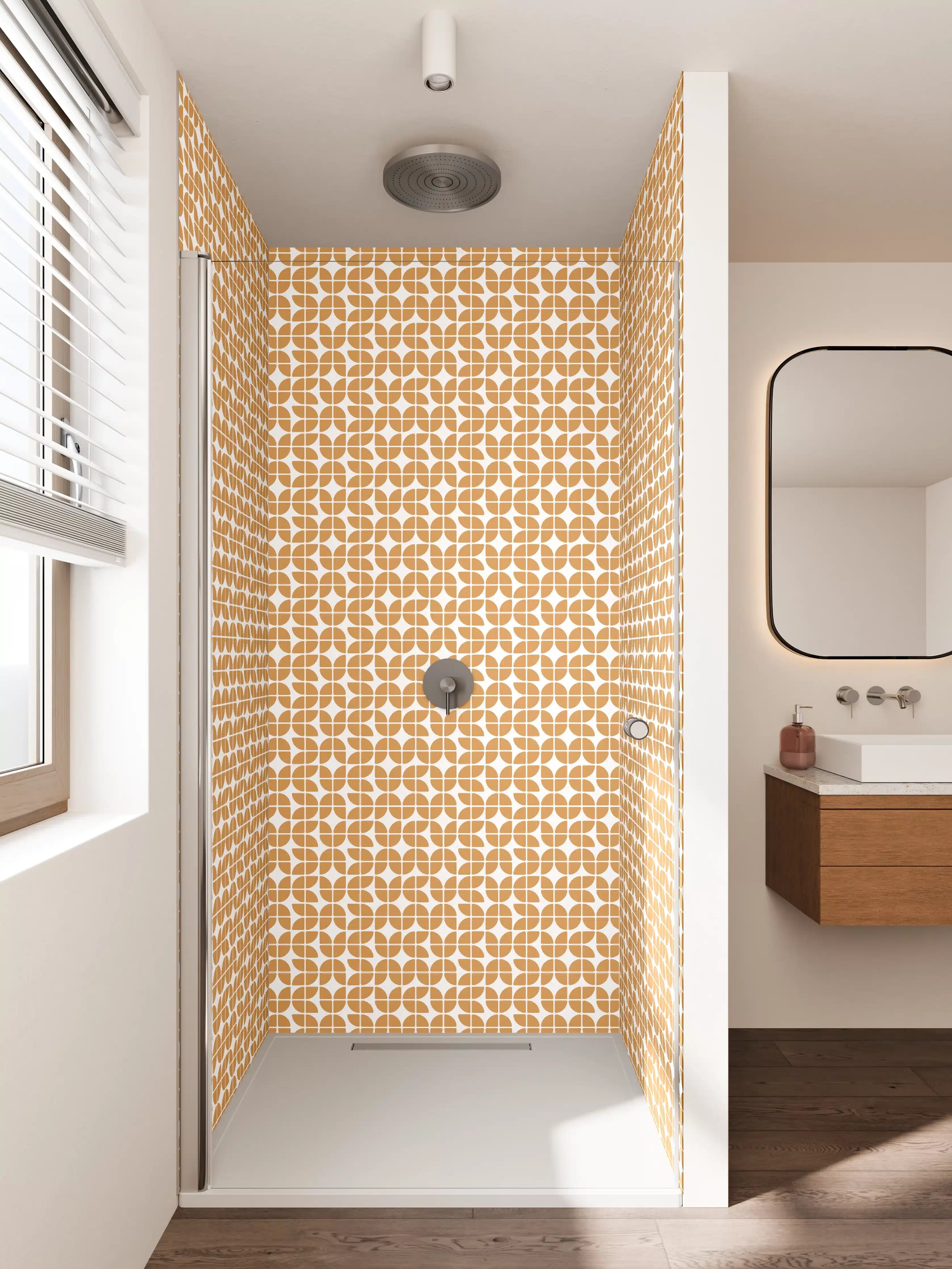 Duschrückwand - Beiger geometrischer Muster-Design mit Weißakzenten