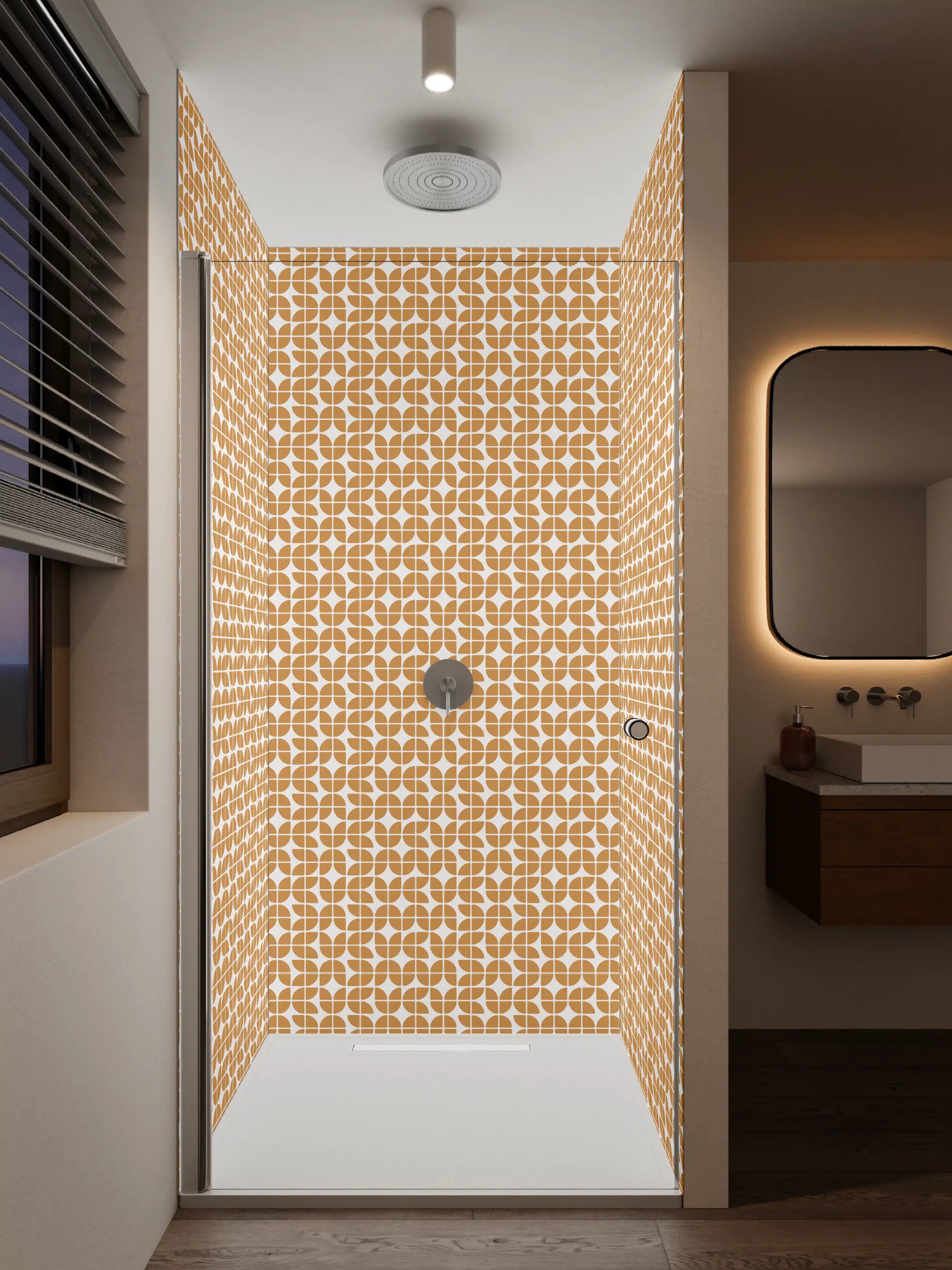 Duschrückwand - Beiger geometrischer Muster-Design mit Weißakzenten