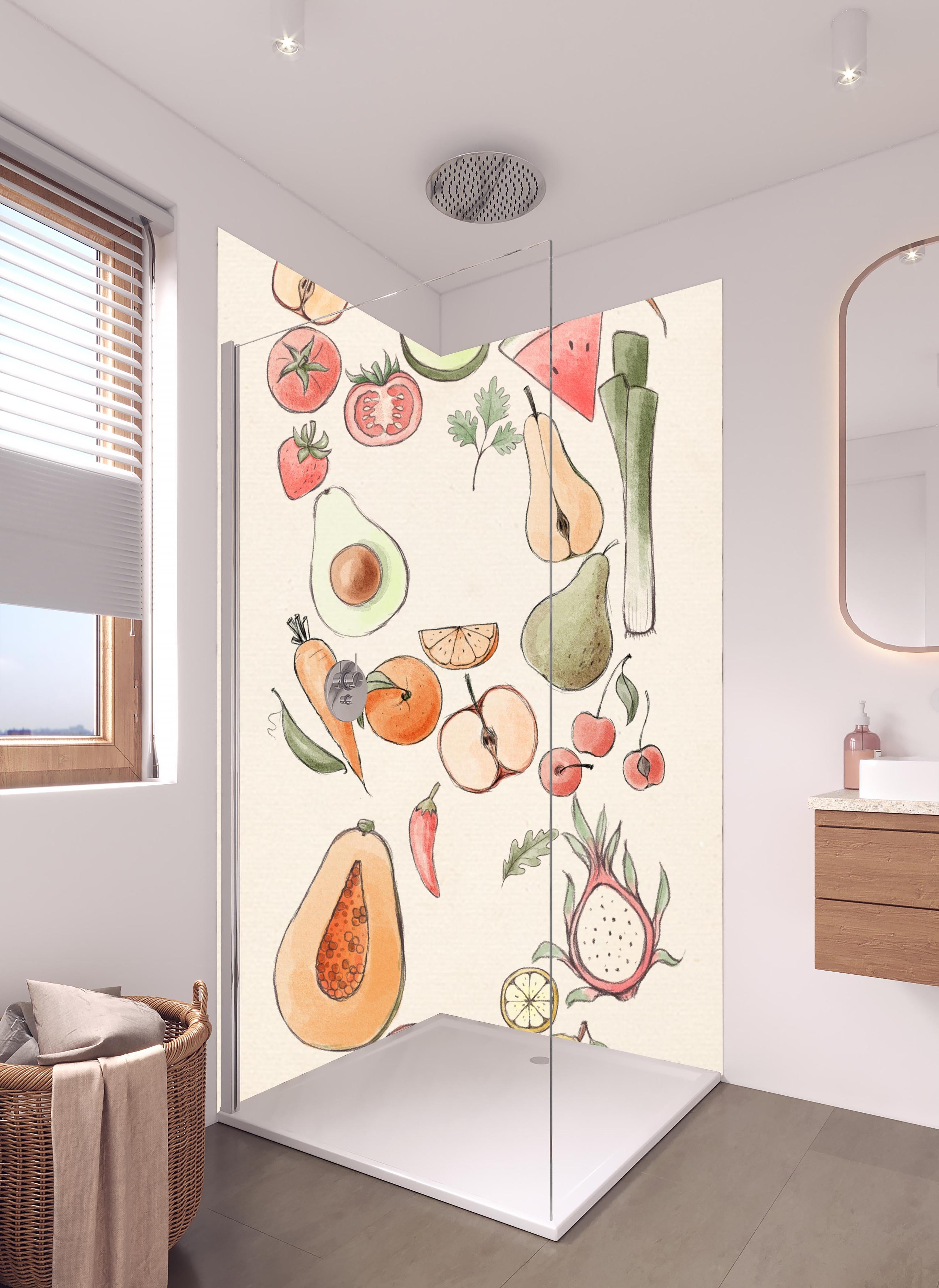Duschrückwand - Belebendes Illustration-Design Tropischer Früchte in hellem Badezimmer mit Regenduschkopf - zweiteilige Eck-Duschrückwand