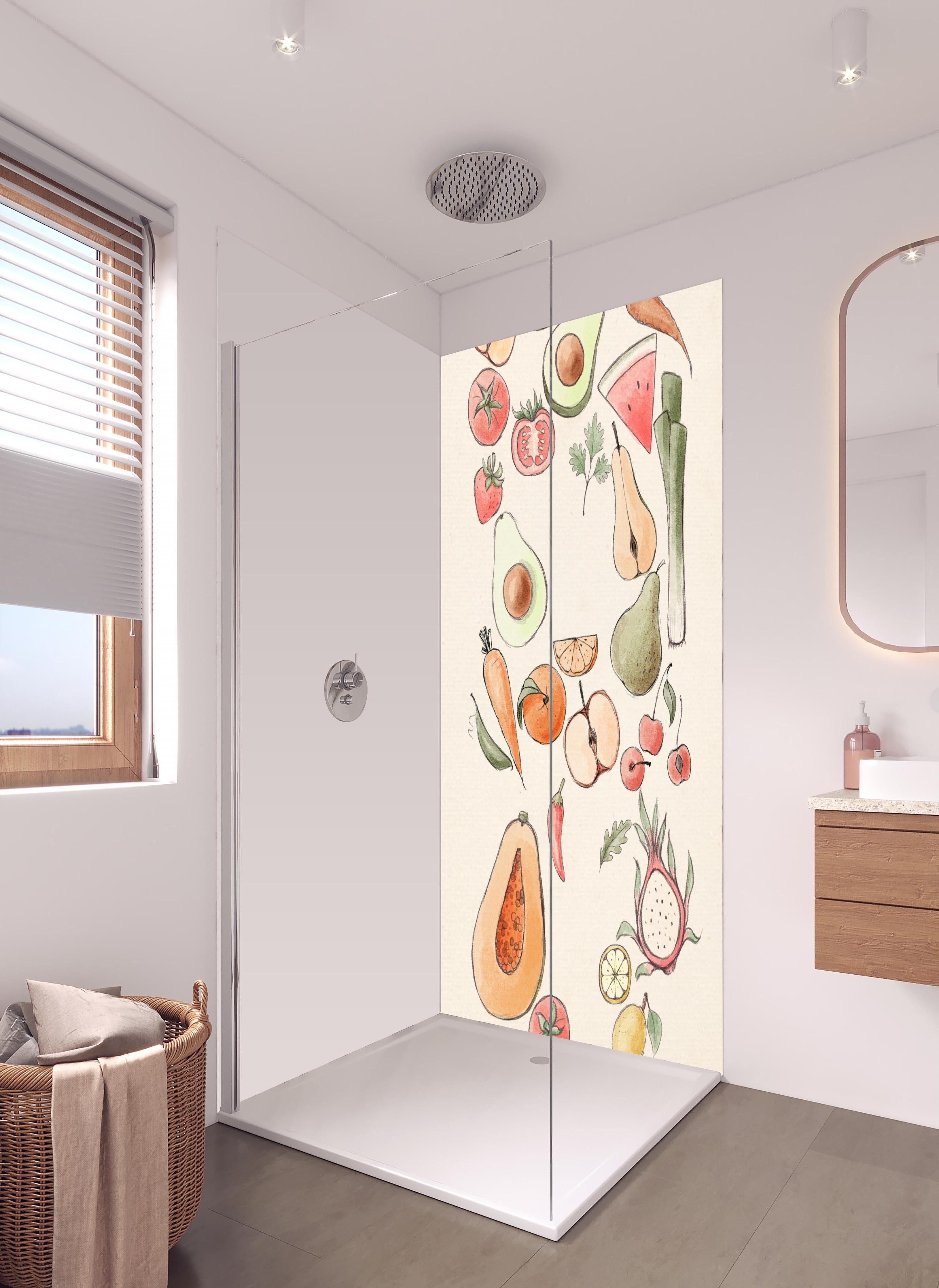 Duschrückwand - Belebendes Illustration-Design Tropischer Früchte in hellem Badezimmer mit Regenduschkopf - zweiteilige Eck-Duschrückwand
