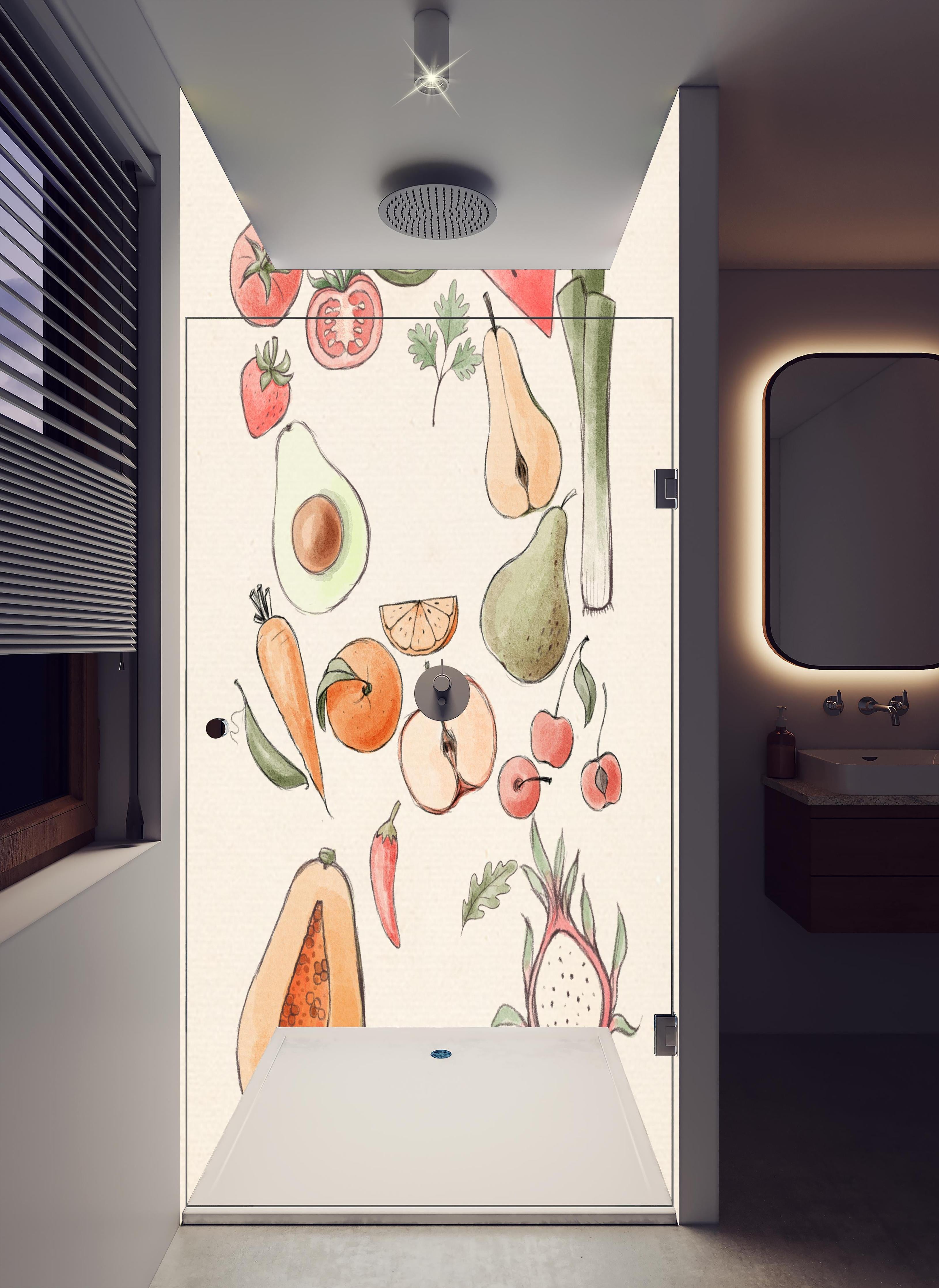 Duschrückwand - Belebendes Illustration-Design Tropischer Früchte in hellem Badezimmer mit Regenduschkopf - zweiteilige Eck-Duschrückwand