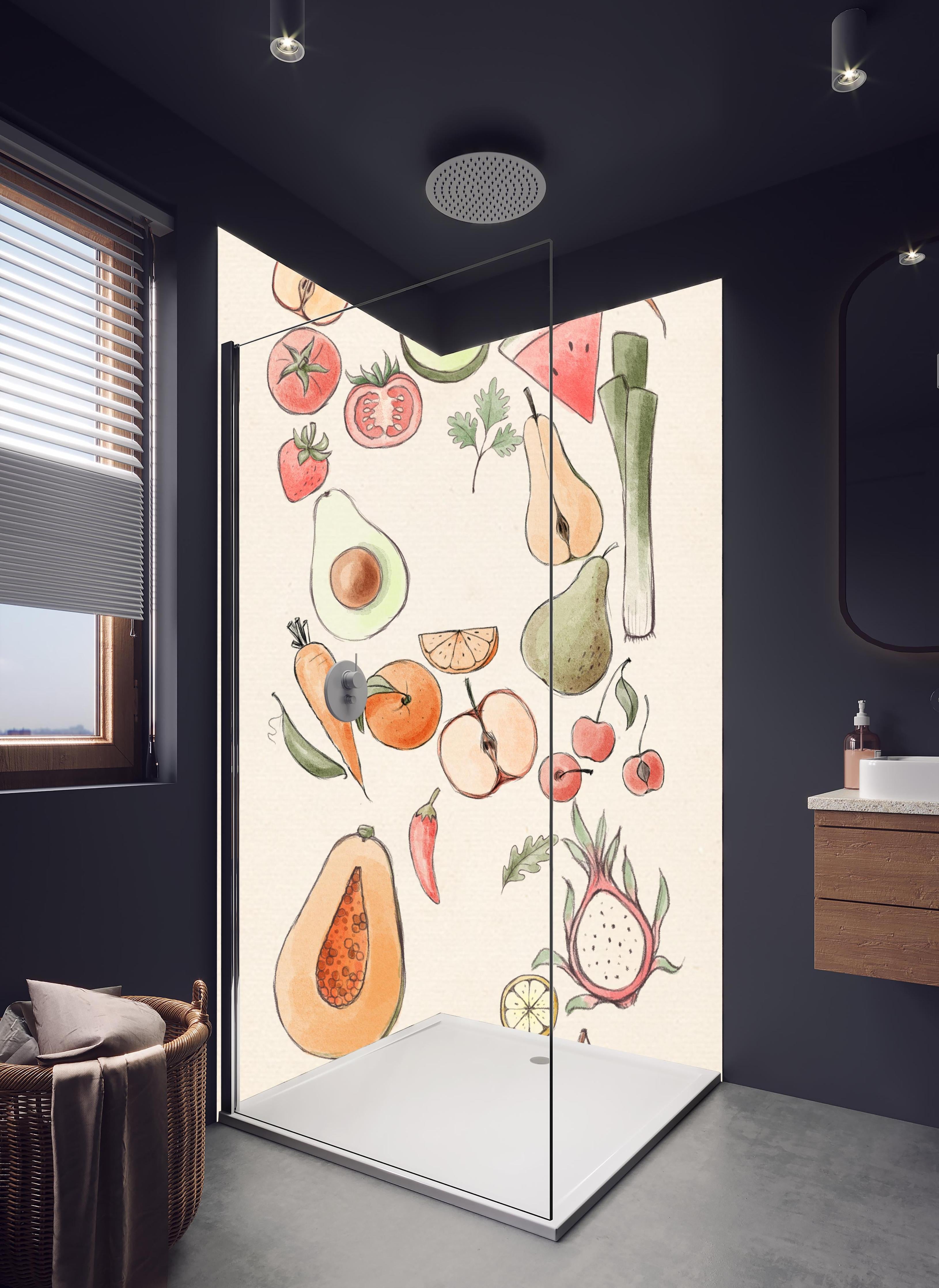Duschrückwand - Belebendes Illustration-Design Tropischer Früchte in hellem Badezimmer mit Regenduschkopf - zweiteilige Eck-Duschrückwand