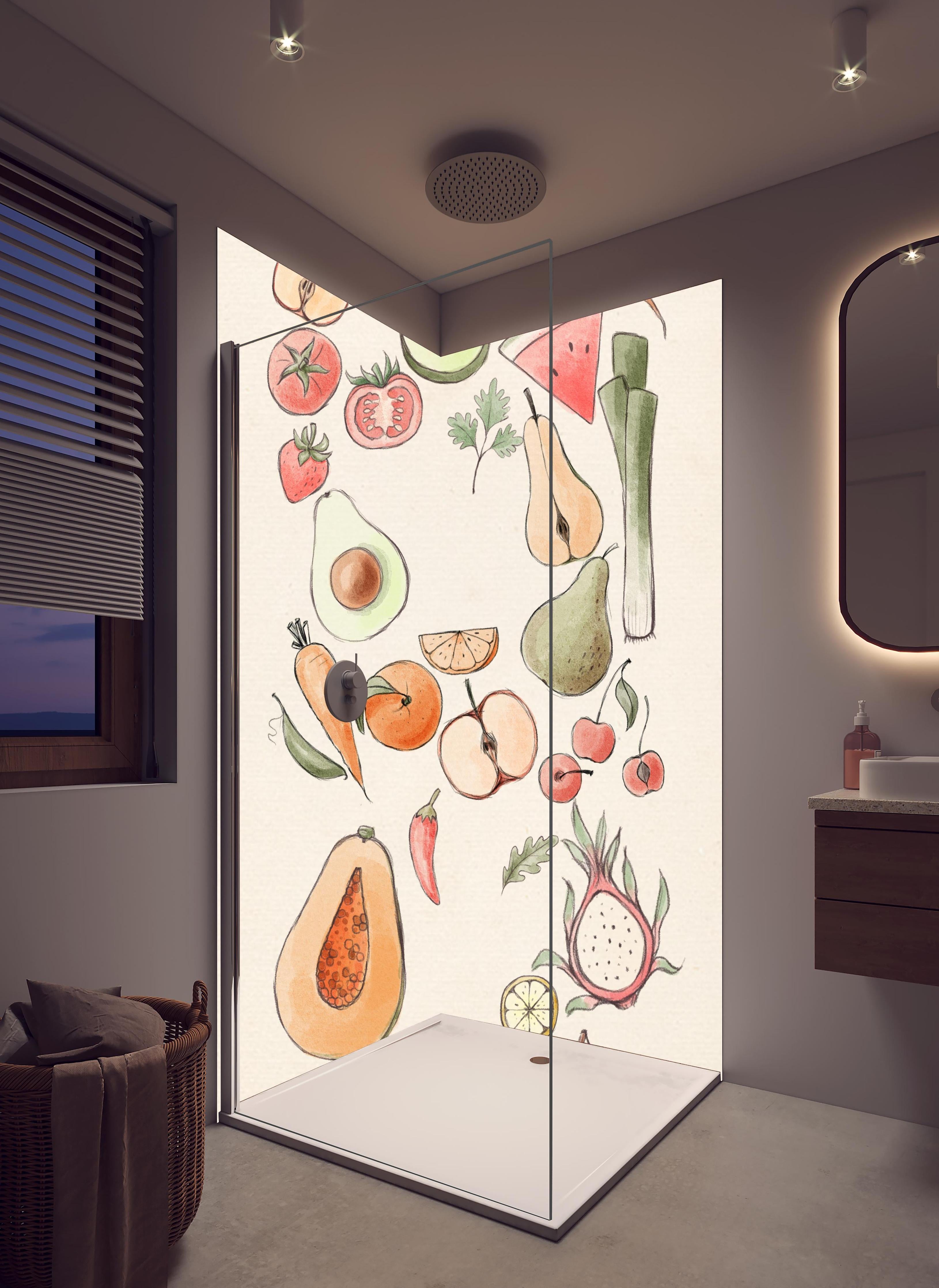Duschrückwand - Belebendes Illustration-Design Tropischer Früchte in hellem Badezimmer mit Regenduschkopf - zweiteilige Eck-Duschrückwand