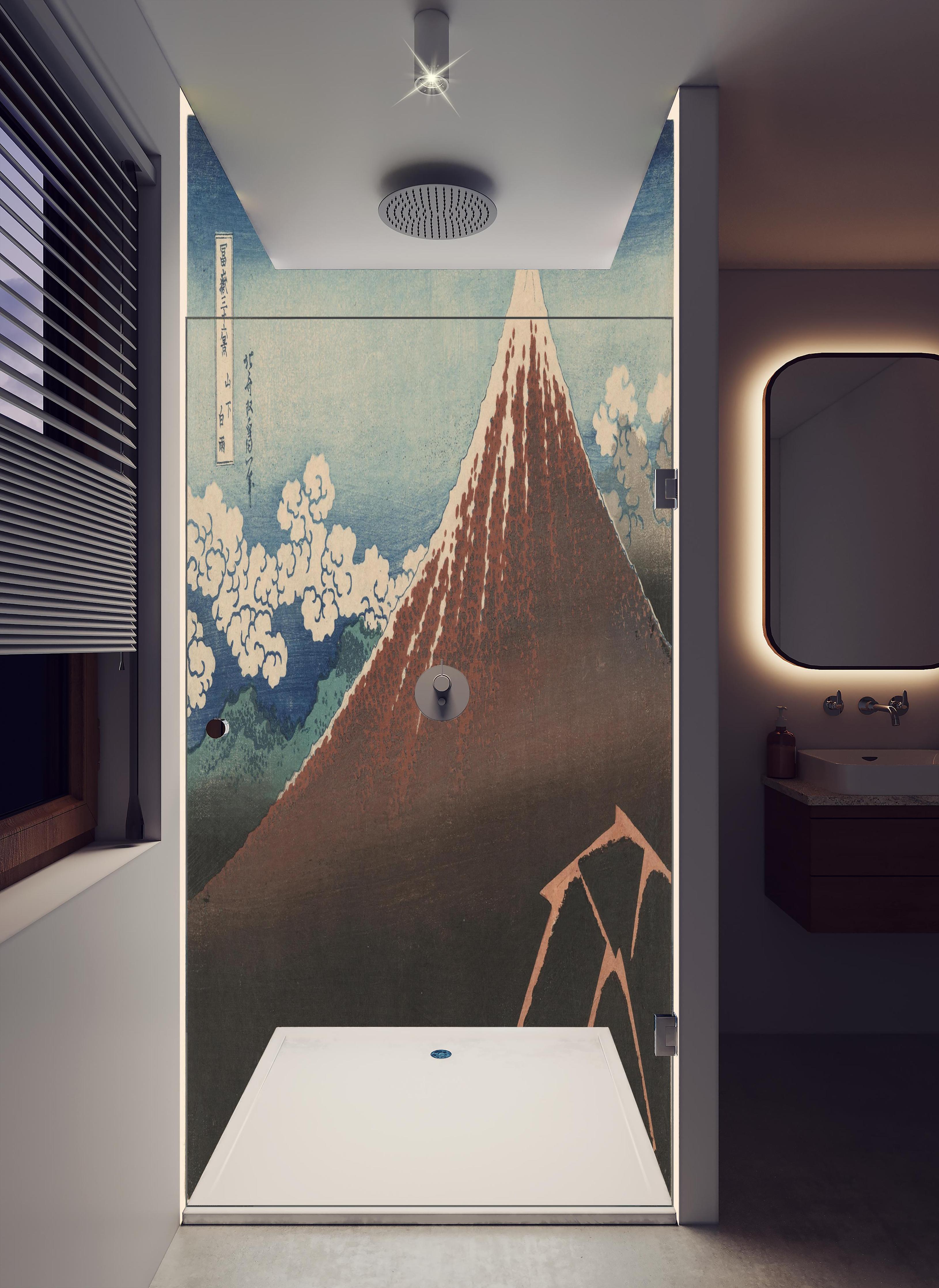 Duschrückwand - Beleuchtete Bergspitze Hokusai Druck in hellem Badezimmer mit Regenduschkopf - zweiteilige Eck-Duschrückwand