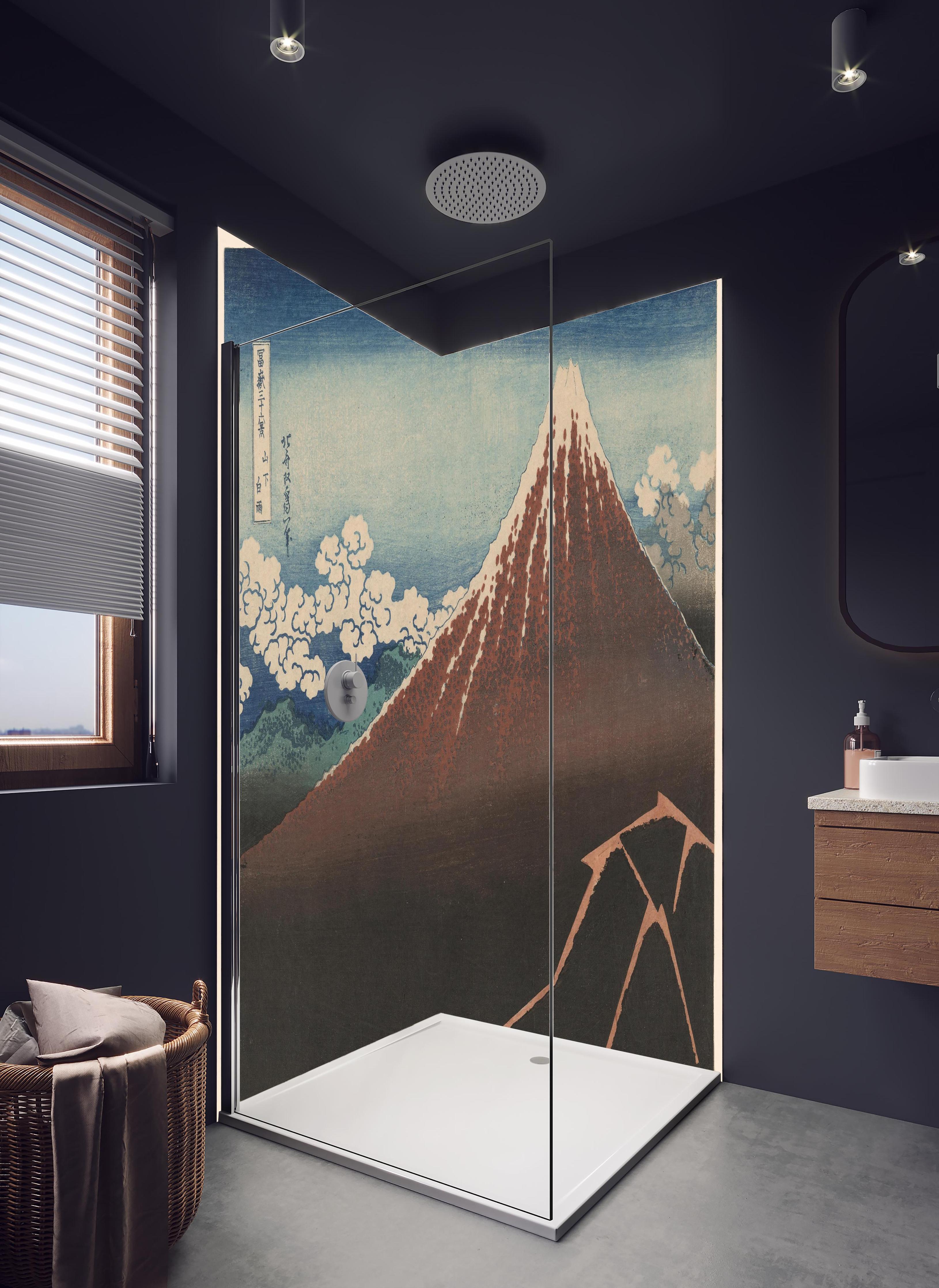 Duschrückwand - Beleuchtete Bergspitze Hokusai Druck in hellem Badezimmer mit Regenduschkopf - zweiteilige Eck-Duschrückwand