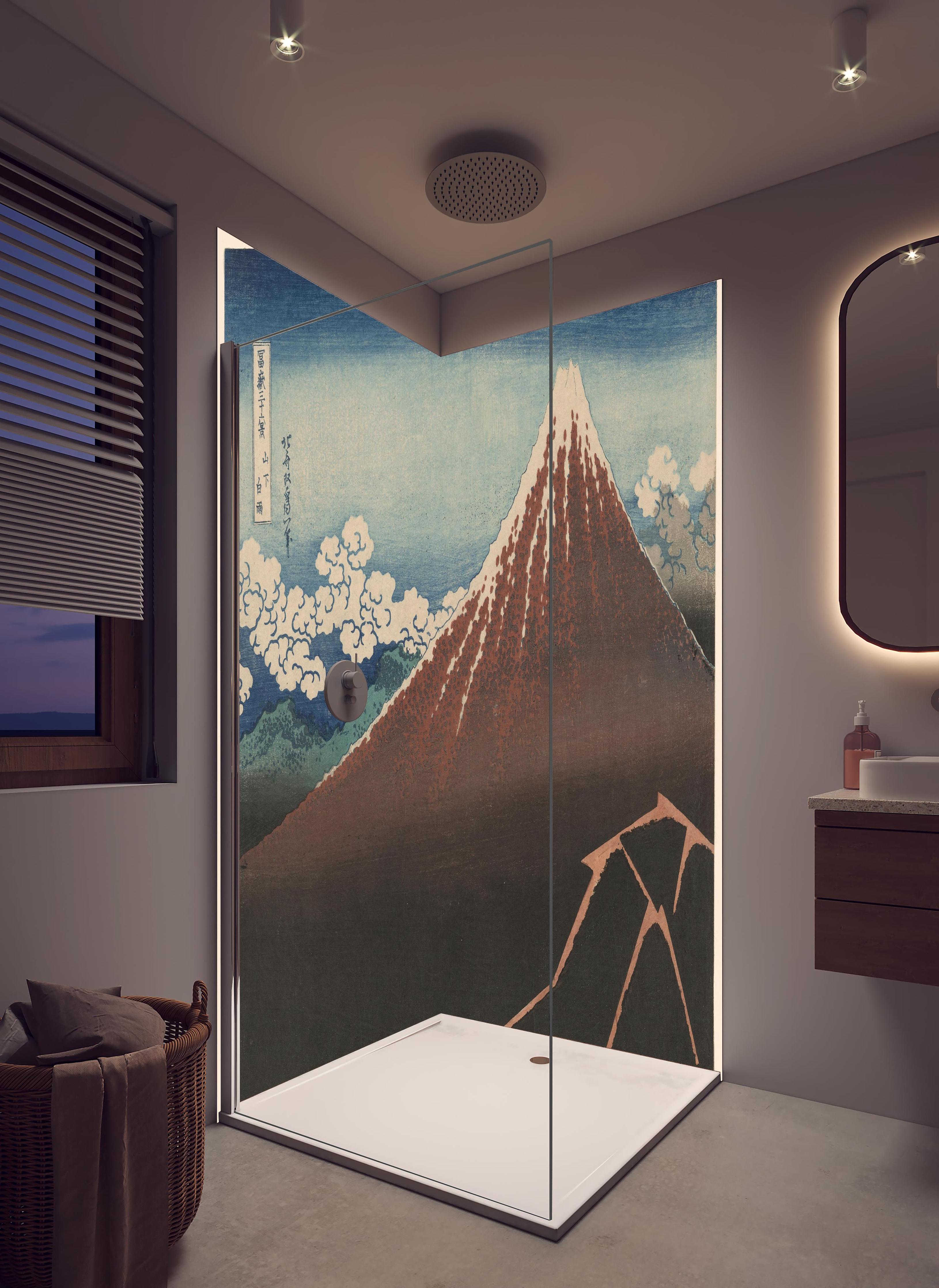 Duschrückwand - Beleuchtete Bergspitze Hokusai Druck in hellem Badezimmer mit Regenduschkopf - zweiteilige Eck-Duschrückwand