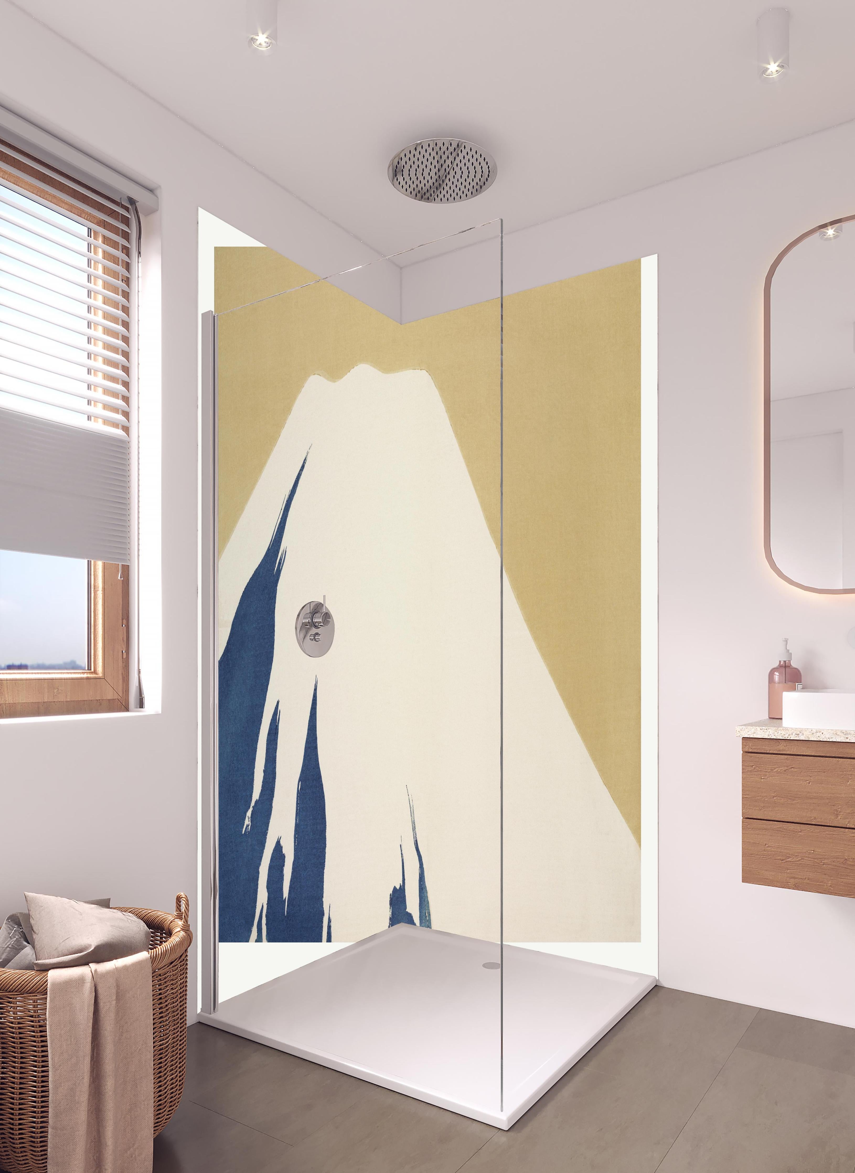 Duschrückwand - Berg Fuji - Japan in hellem Badezimmer mit Regenduschkopf - zweiteilige Eck-Duschrückwand