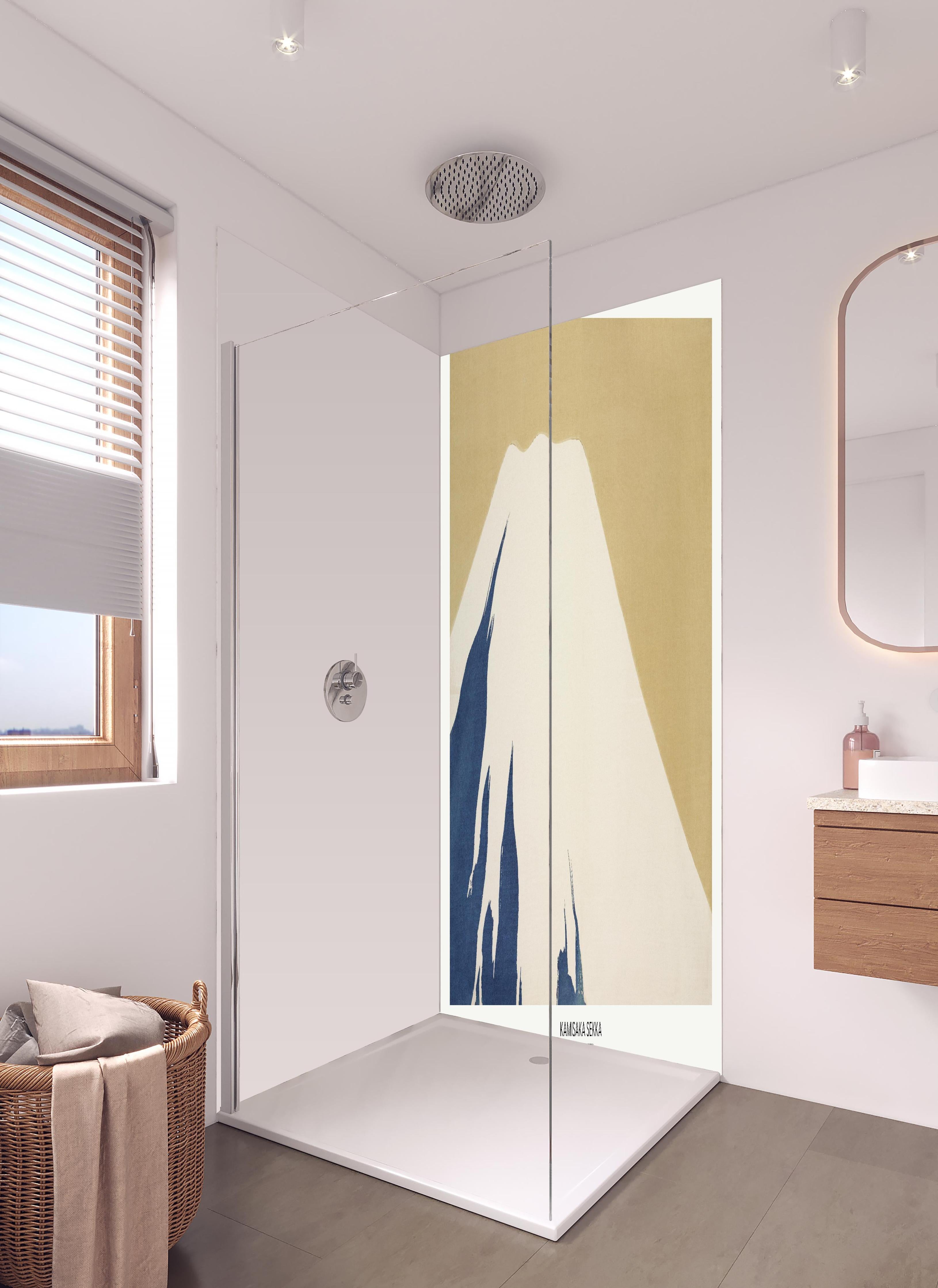 Duschrückwand - Berg Fuji - Japan in hellem Badezimmer mit Regenduschkopf - zweiteilige Eck-Duschrückwand