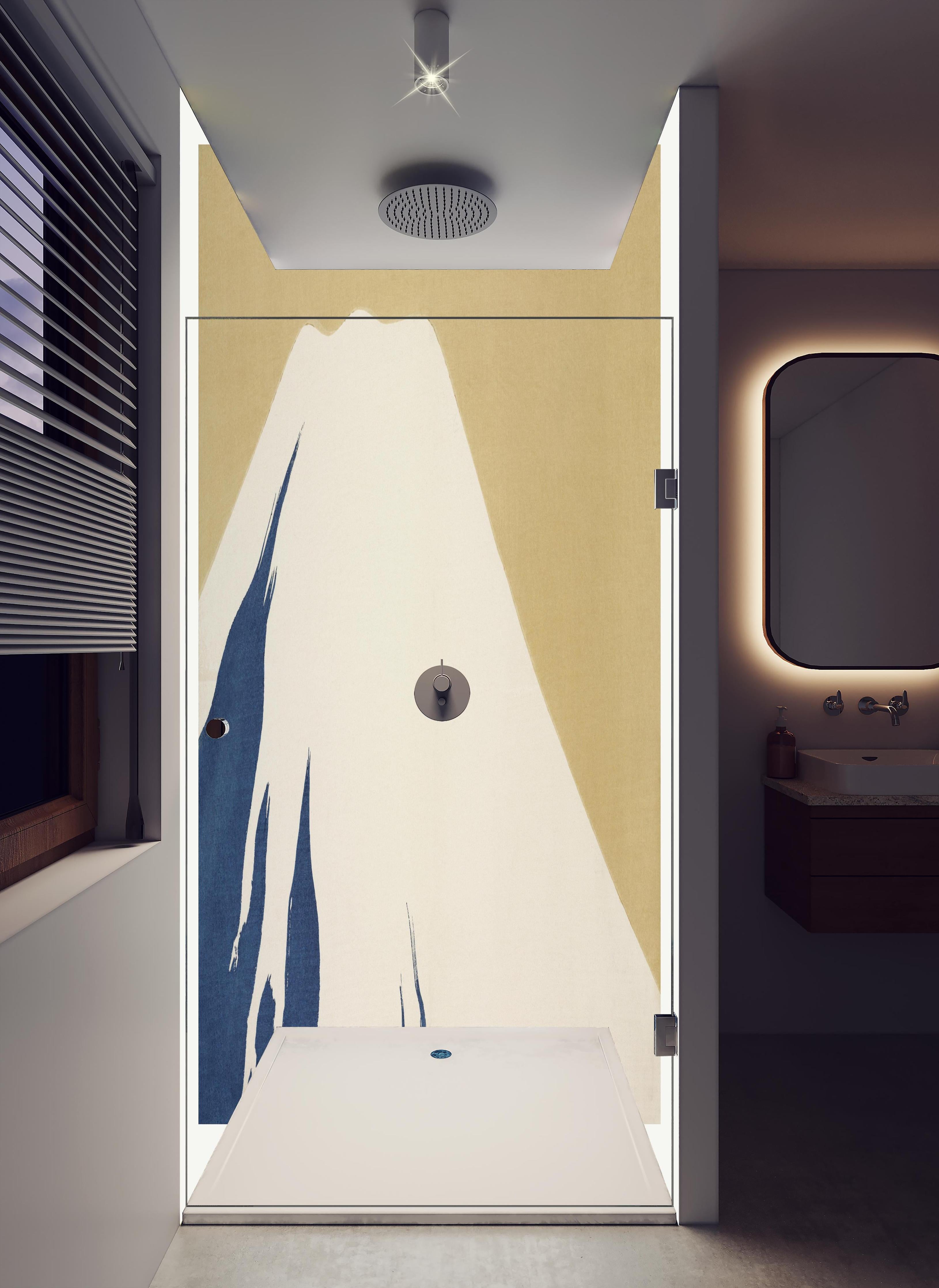 Duschrückwand - Berg Fuji - Japan in hellem Badezimmer mit Regenduschkopf - zweiteilige Eck-Duschrückwand