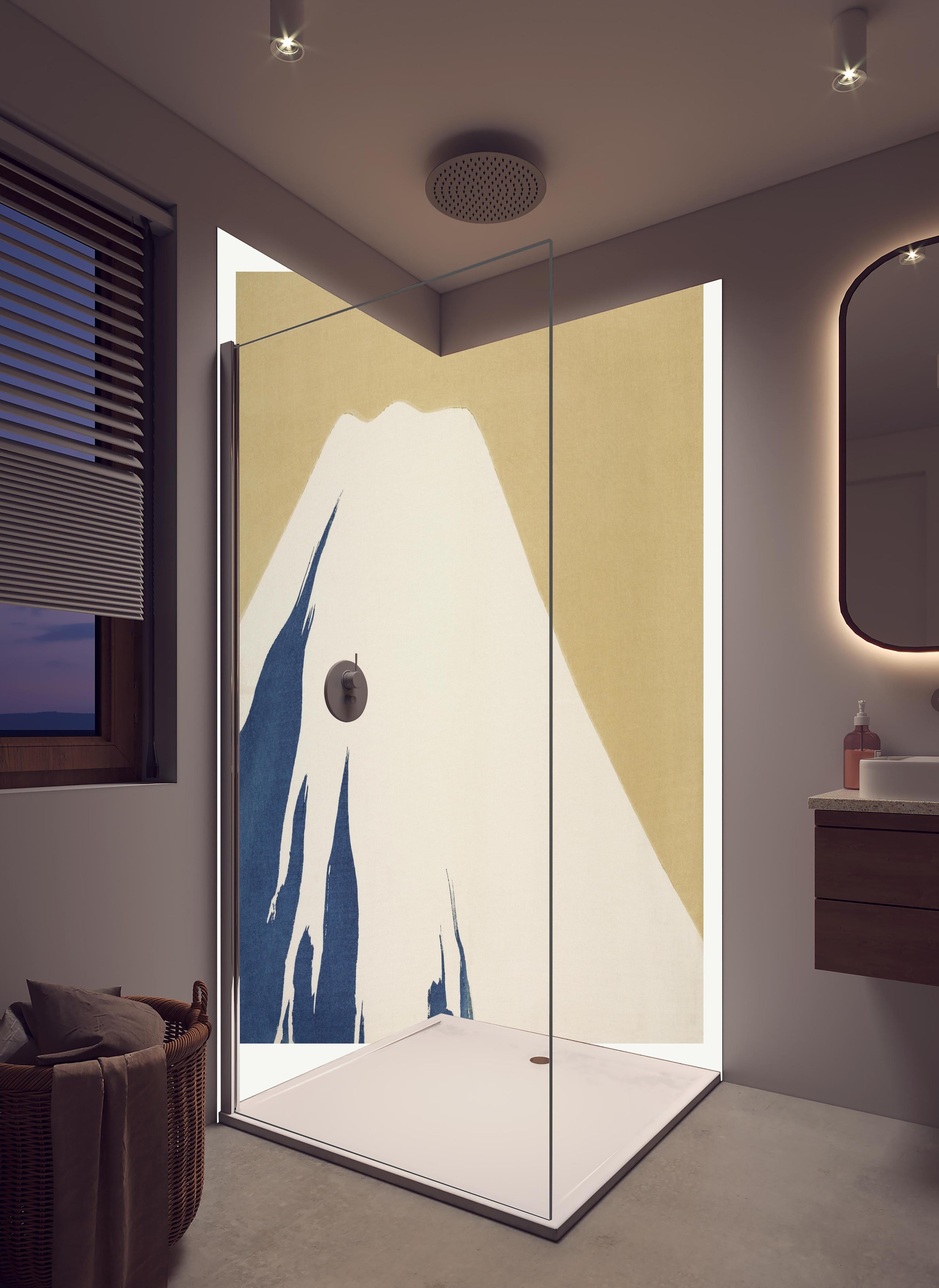 Duschrückwand - Berg Fuji - Japan in hellem Badezimmer mit Regenduschkopf - zweiteilige Eck-Duschrückwand