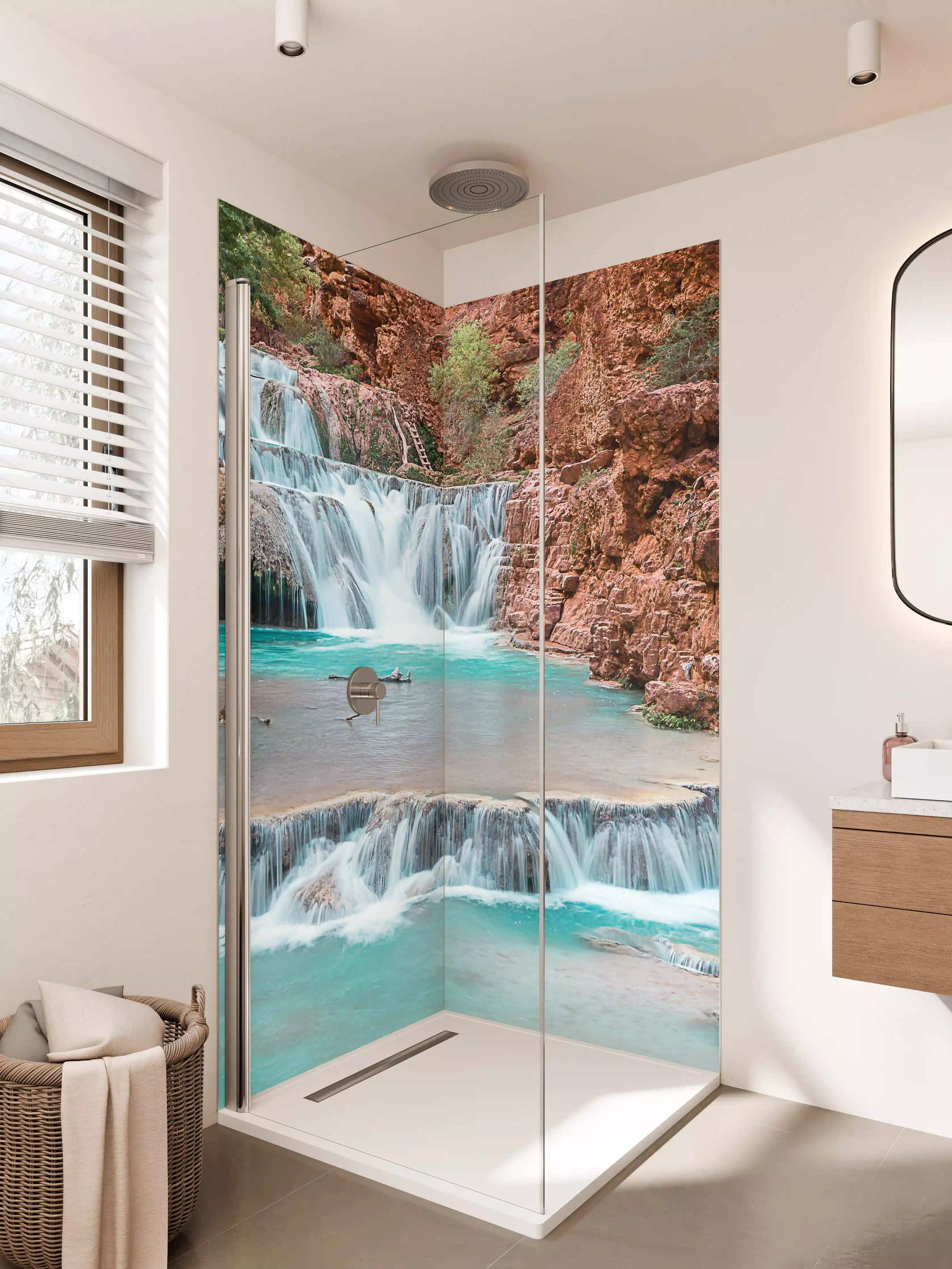 Duschrückwand - Bergbach mit Wasserfall in Natur