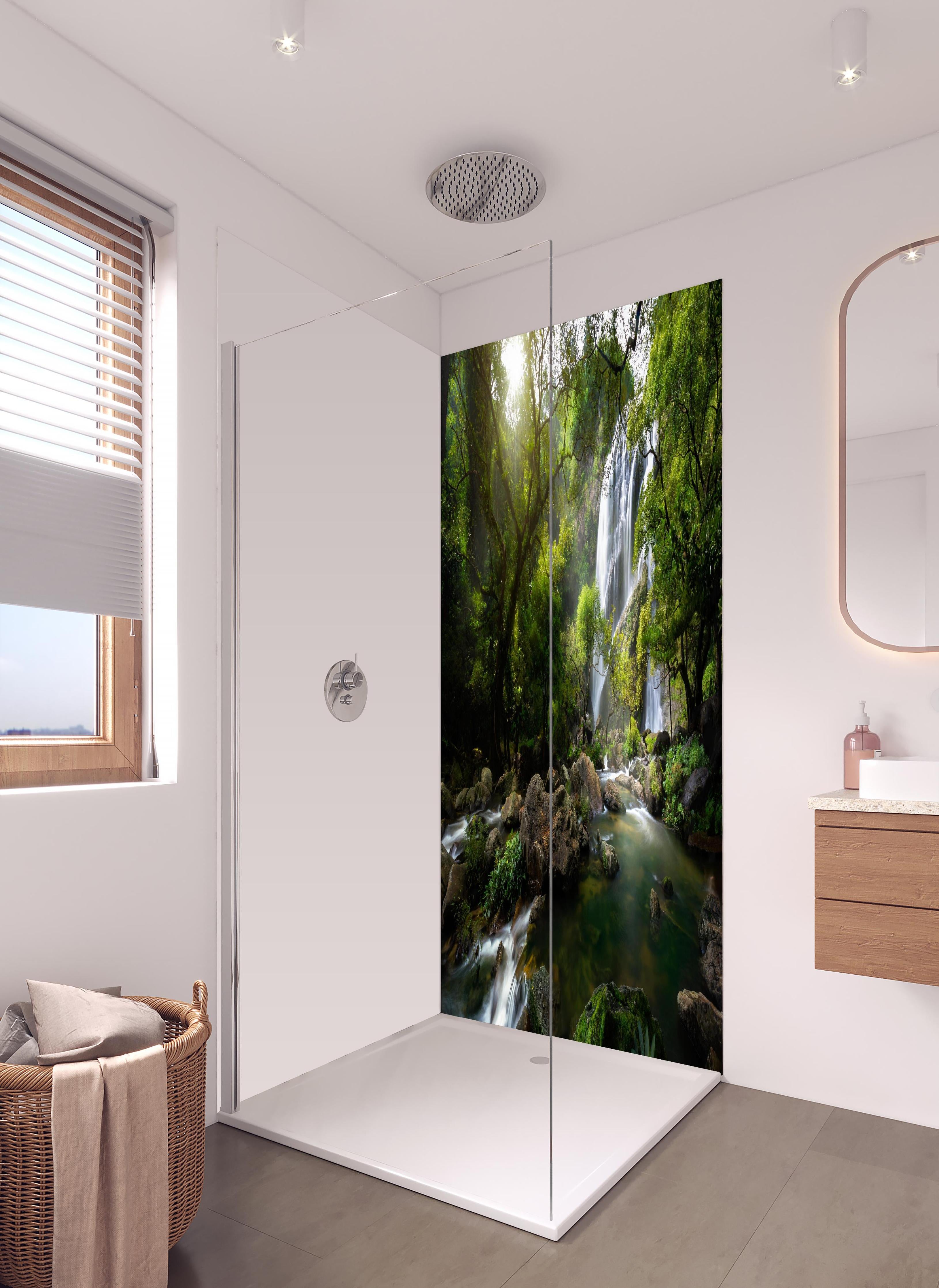 Duschrückwand - Bergbach und Wasserfall in Thailand in hellem Badezimmer mit Regenduschkopf - zweiteilige Eck-Duschrückwand