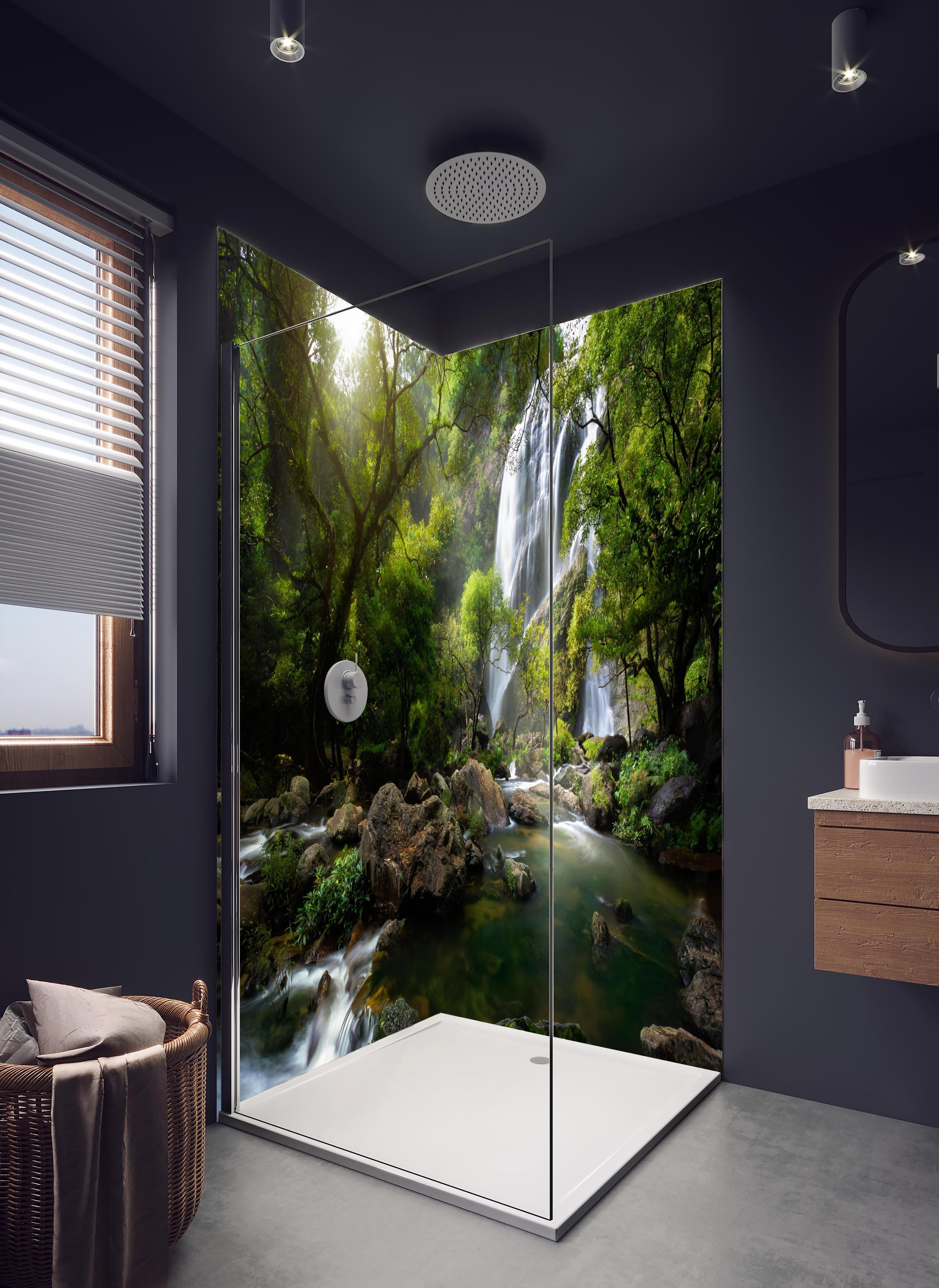 Duschrückwand - Bergbach und Wasserfall in Thailand in hellem Badezimmer mit Regenduschkopf - zweiteilige Eck-Duschrückwand