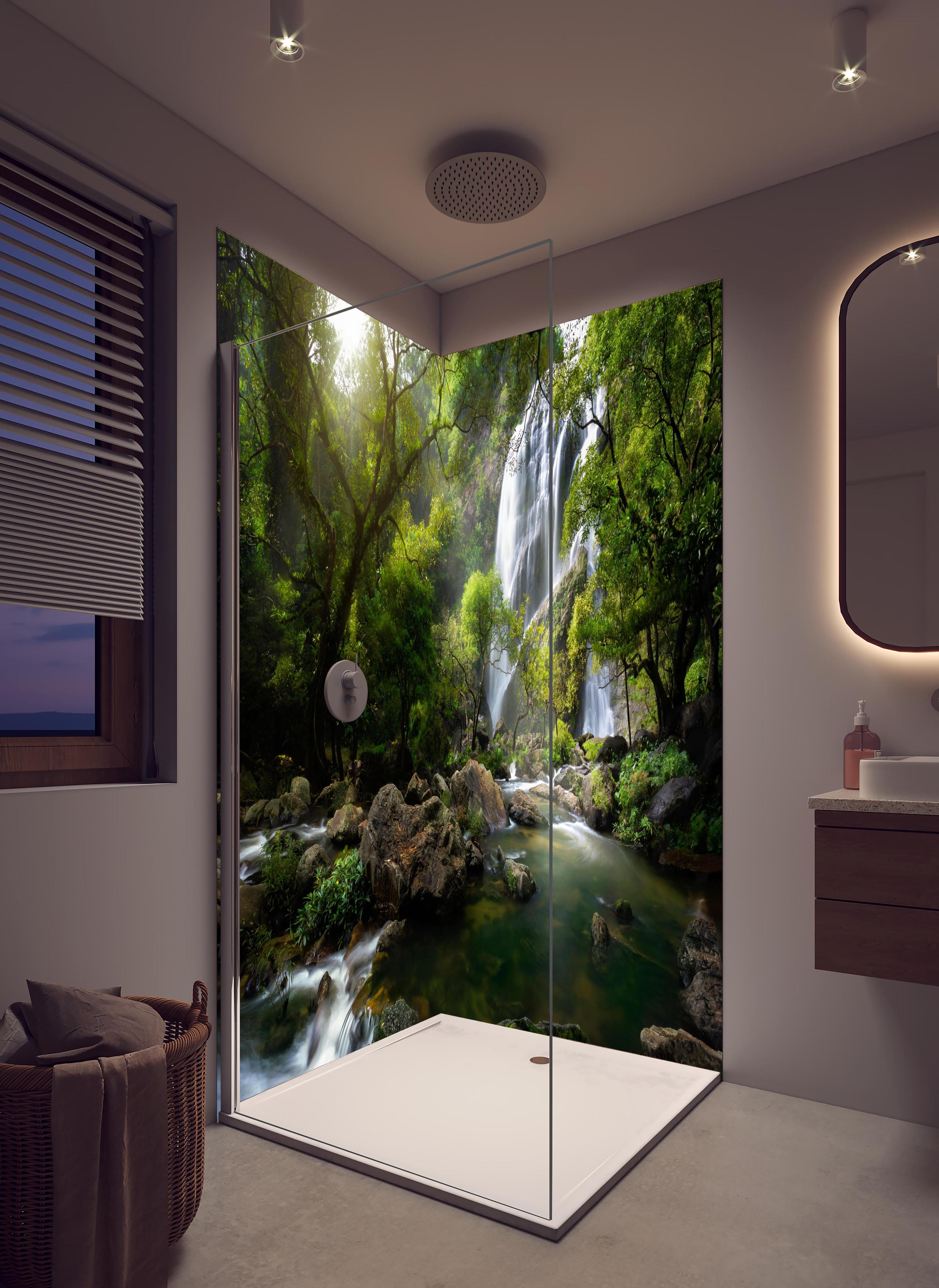 Duschrückwand - Bergbach und Wasserfall in Thailand in hellem Badezimmer mit Regenduschkopf - zweiteilige Eck-Duschrückwand