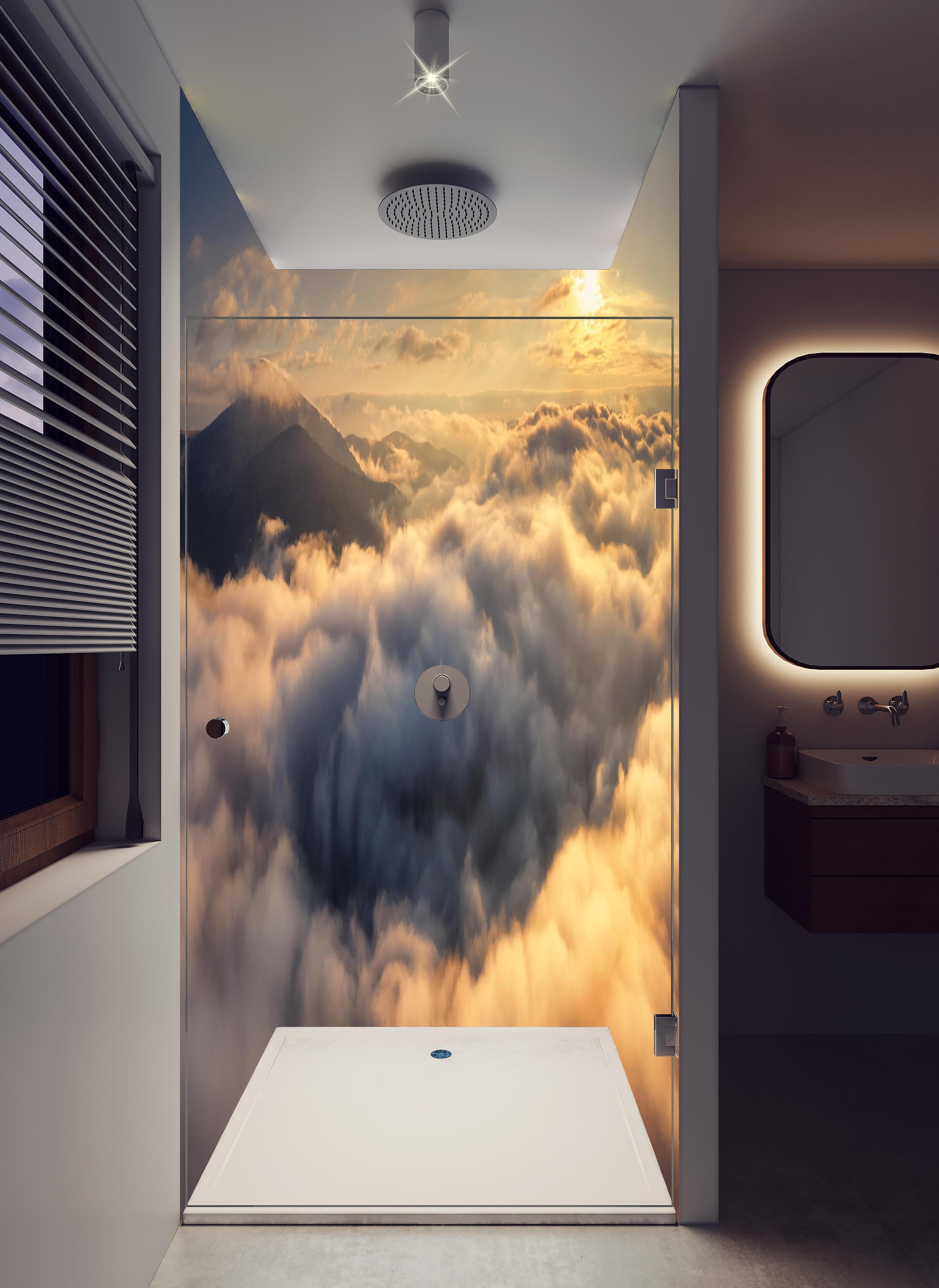 Duschrückwand - Berge in Wolken bei Sonnenaufgang - Peru in hellem Badezimmer mit Regenduschkopf - zweiteilige Eck-Duschrückwand