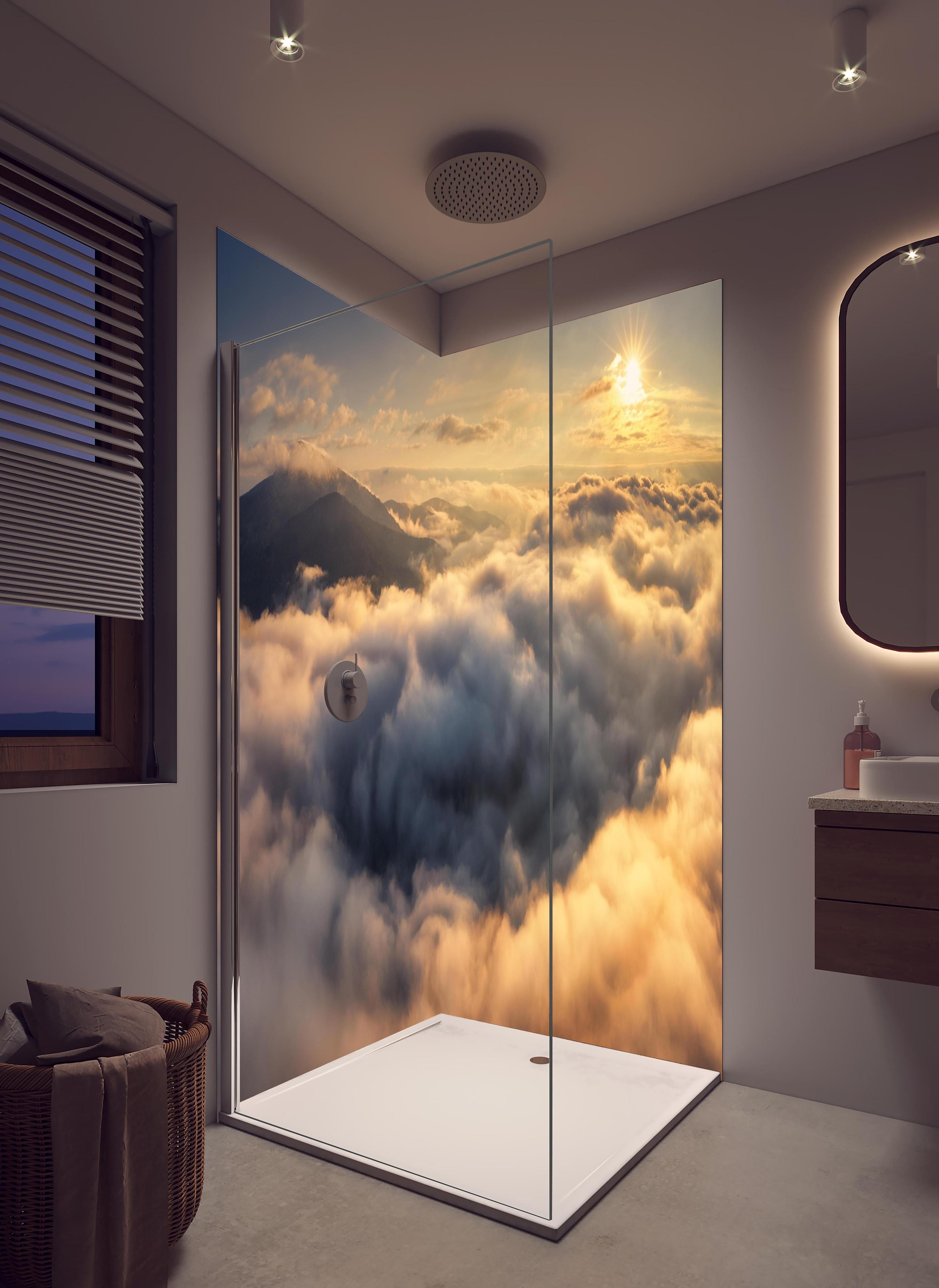 Duschrückwand - Berge in Wolken bei Sonnenaufgang - Peru in hellem Badezimmer mit Regenduschkopf - zweiteilige Eck-Duschrückwand