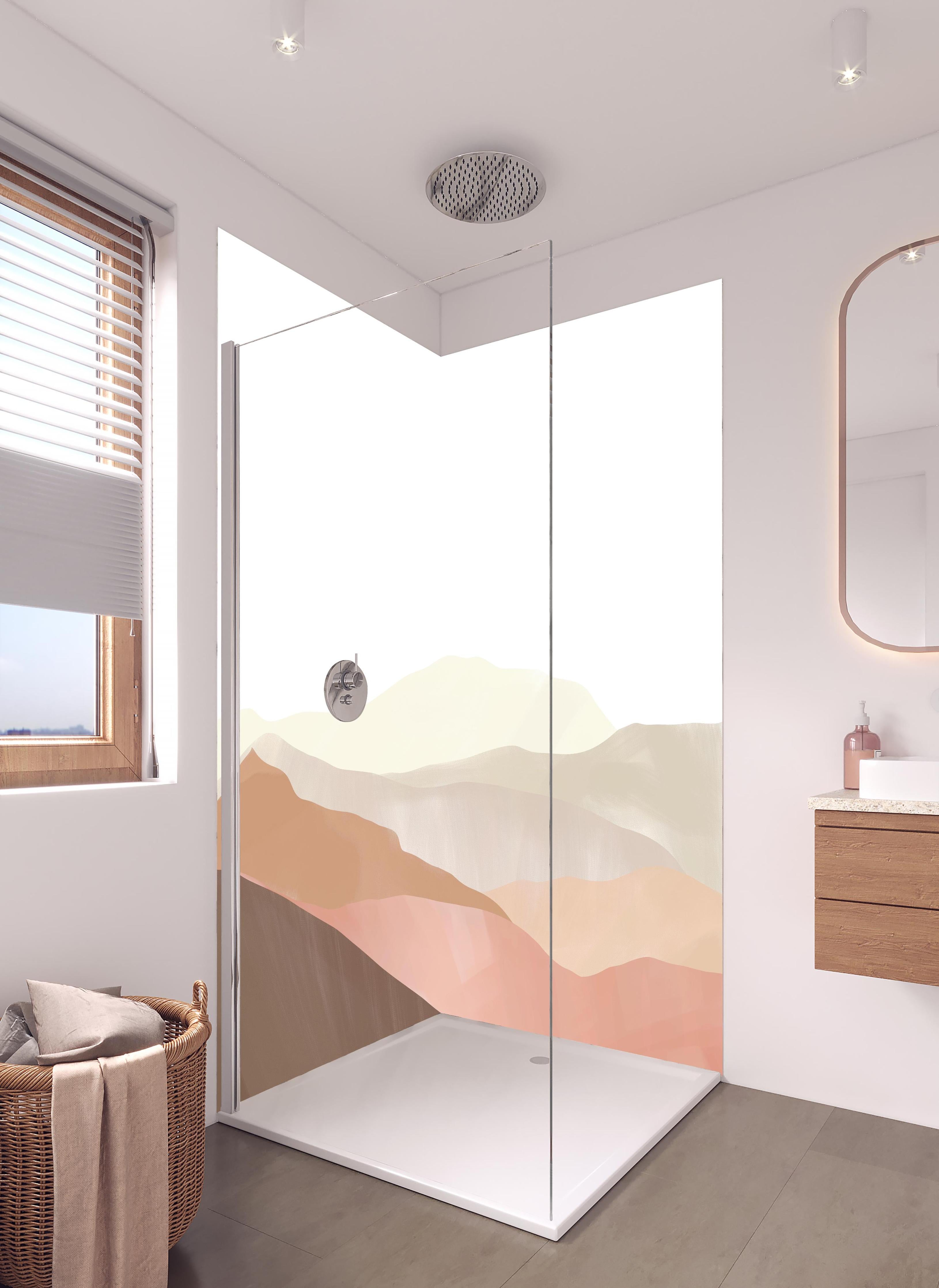Duschrückwand - Bergige Landschaft - Gemälde in hellem Badezimmer mit Regenduschkopf - zweiteilige Eck-Duschrückwand
