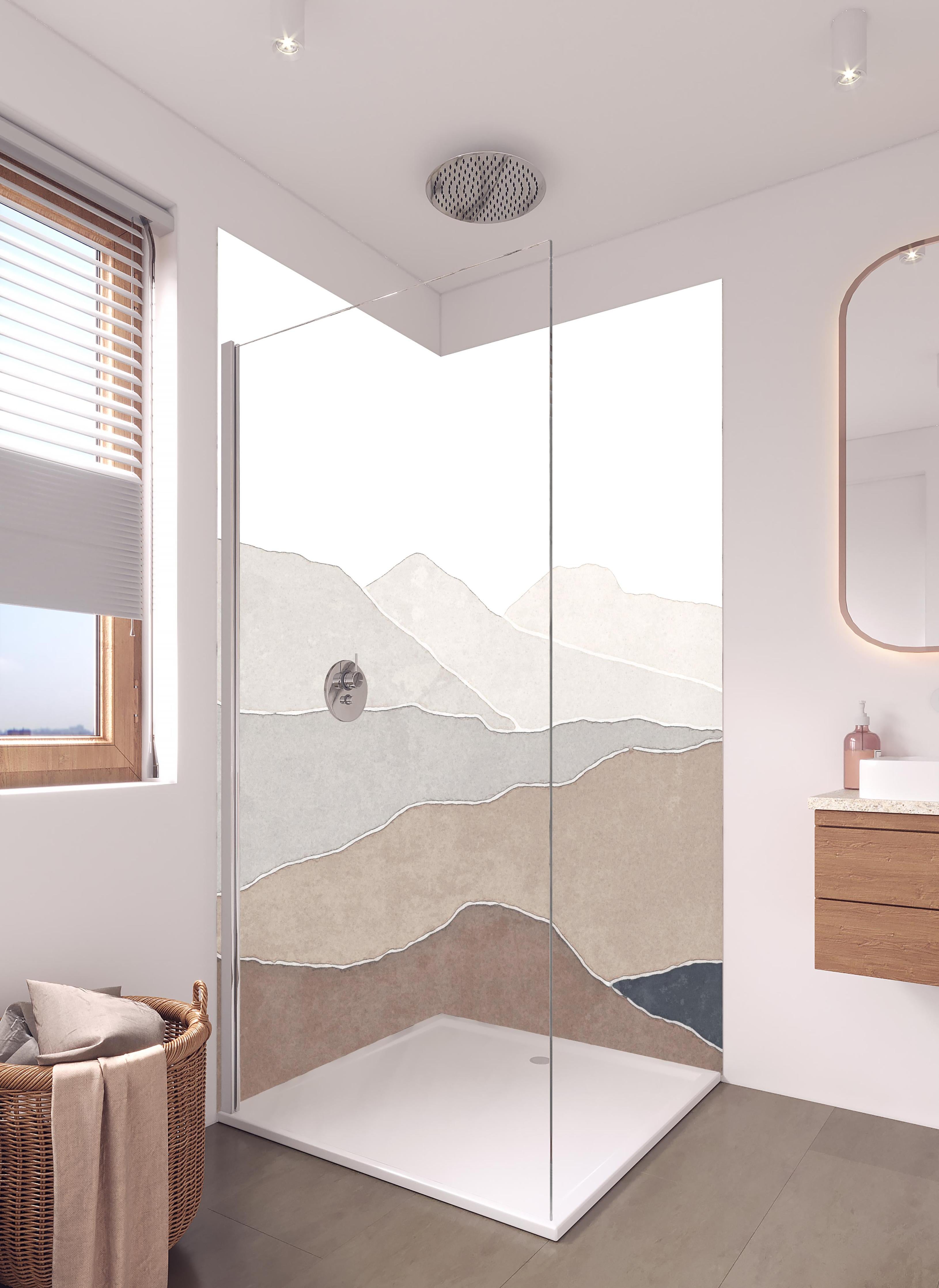 Duschrückwand - Bergige Region - Gemälde in hellem Badezimmer mit Regenduschkopf - zweiteilige Eck-Duschrückwand