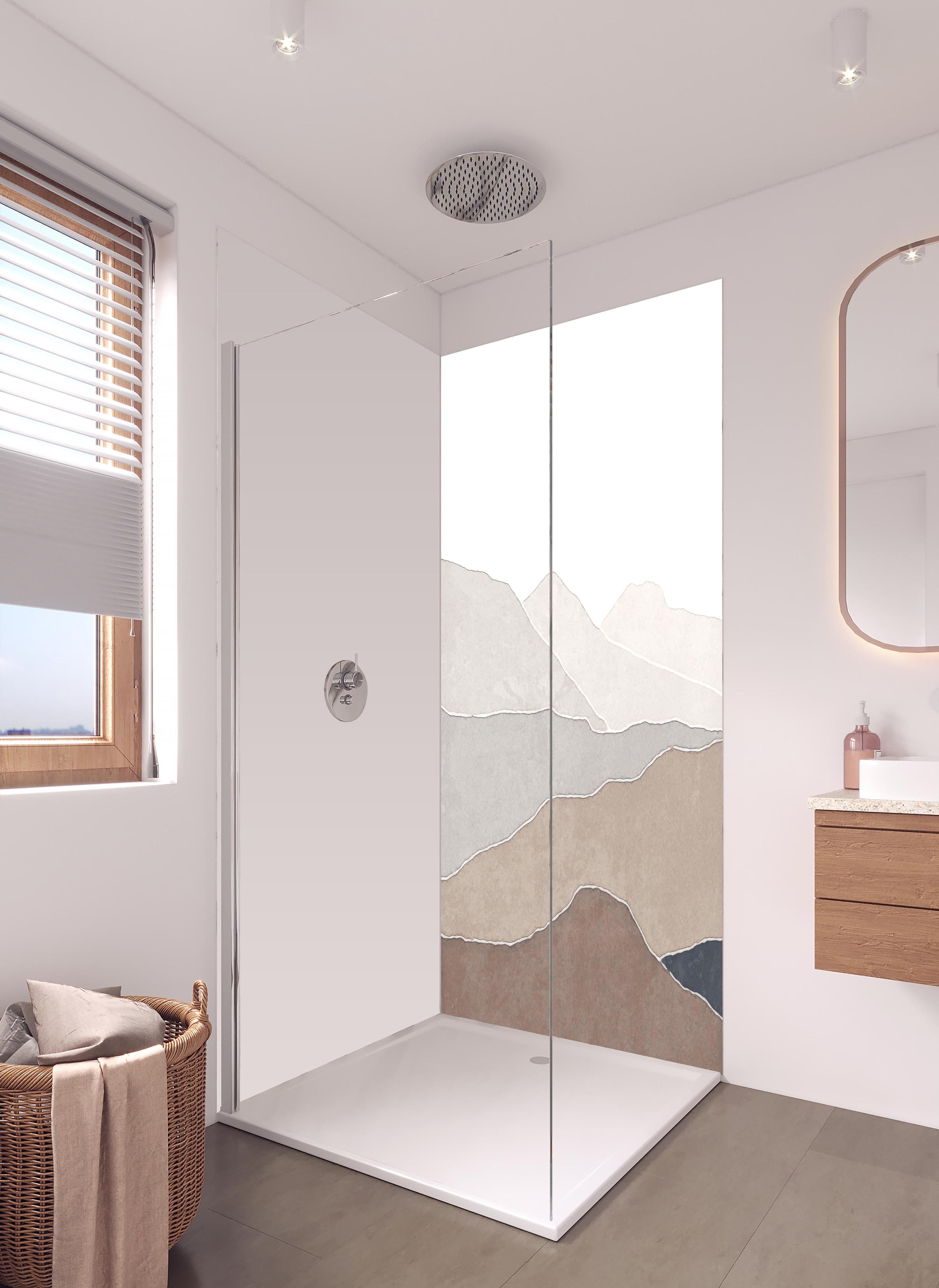 Duschrückwand - Bergige Region - Gemälde in hellem Badezimmer mit Regenduschkopf - zweiteilige Eck-Duschrückwand