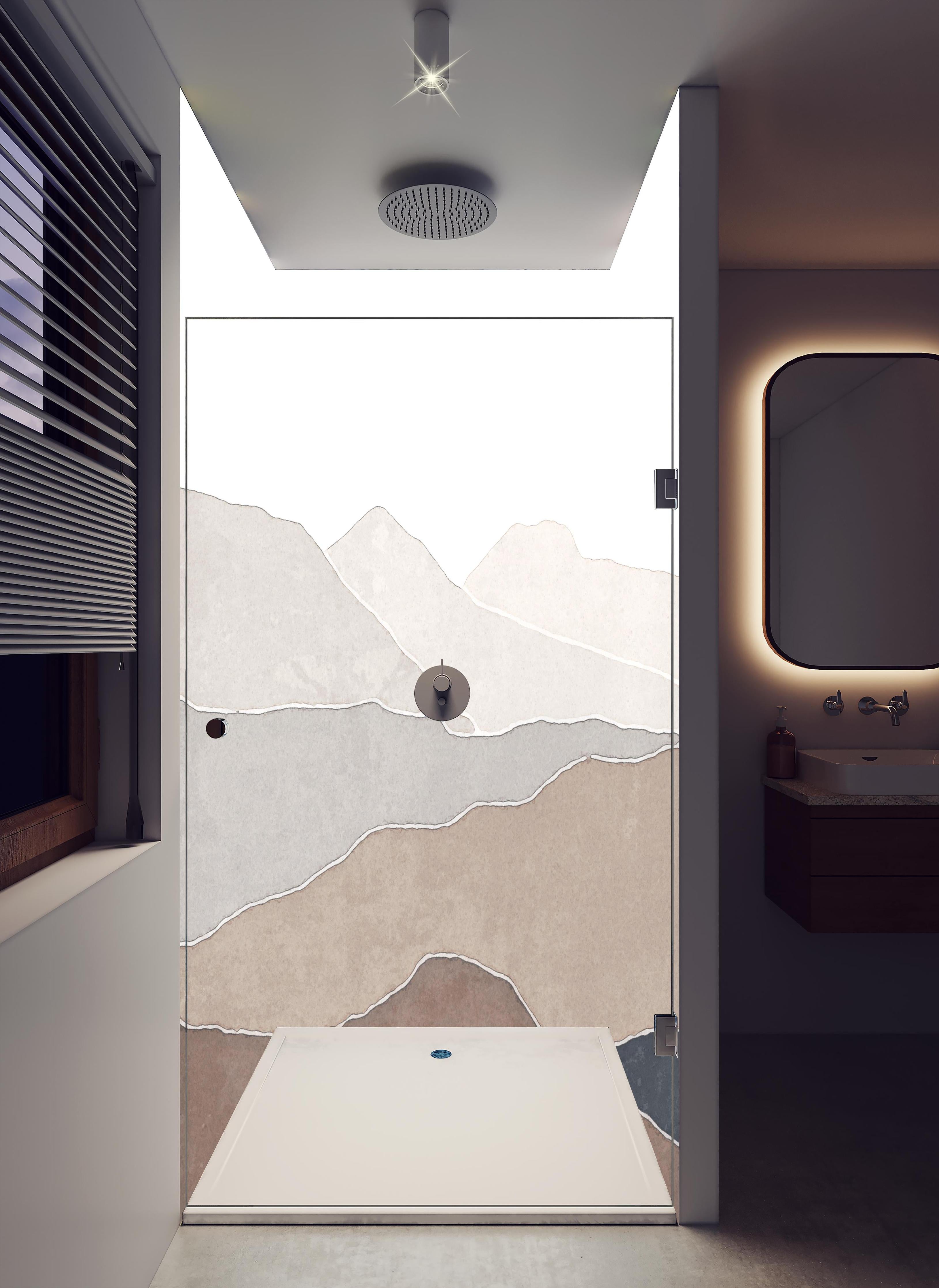 Duschrückwand - Bergige Region - Gemälde in hellem Badezimmer mit Regenduschkopf - zweiteilige Eck-Duschrückwand