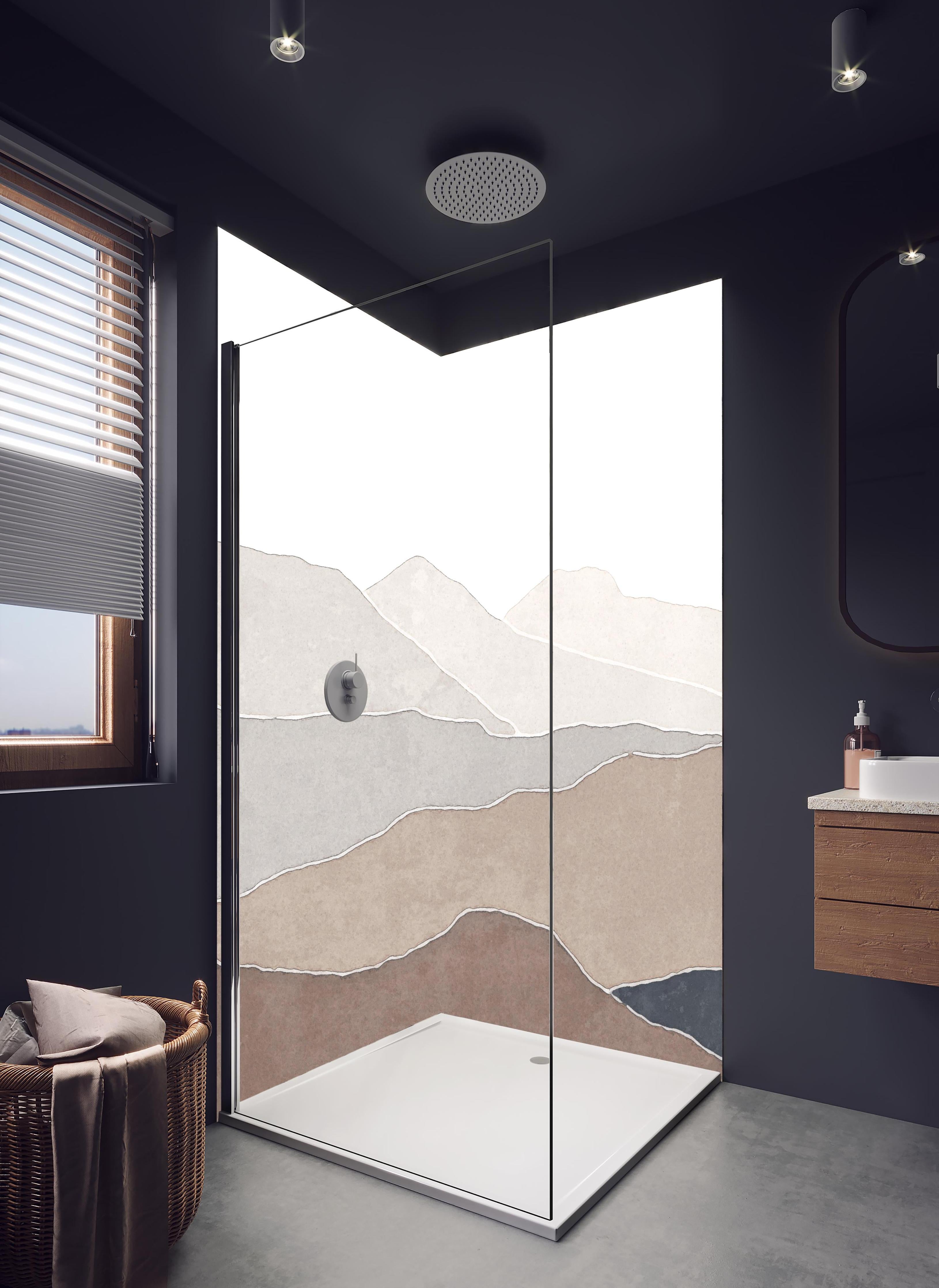 Duschrückwand - Bergige Region - Gemälde in hellem Badezimmer mit Regenduschkopf - zweiteilige Eck-Duschrückwand