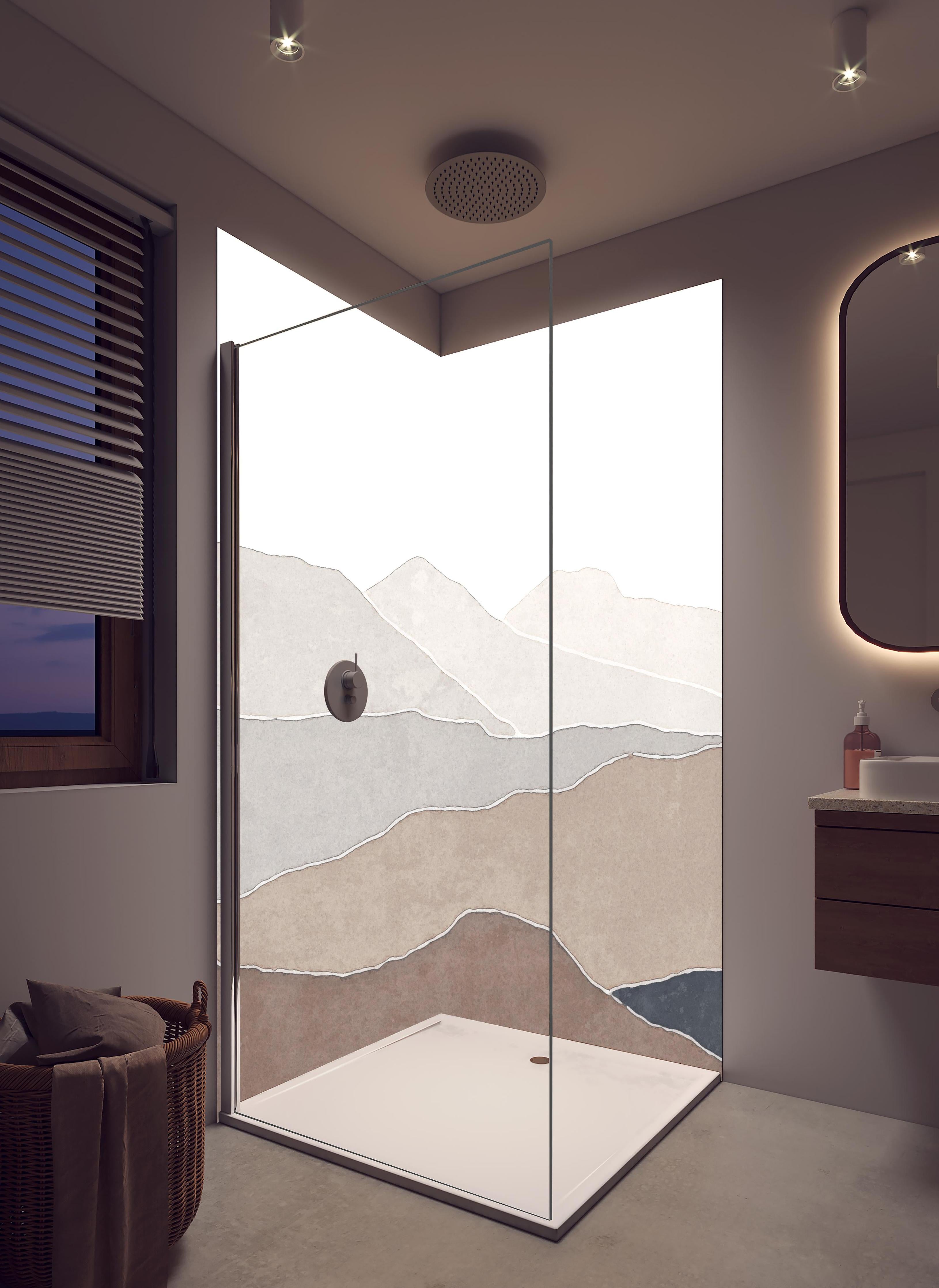 Duschrückwand - Bergige Region - Gemälde in hellem Badezimmer mit Regenduschkopf - zweiteilige Eck-Duschrückwand