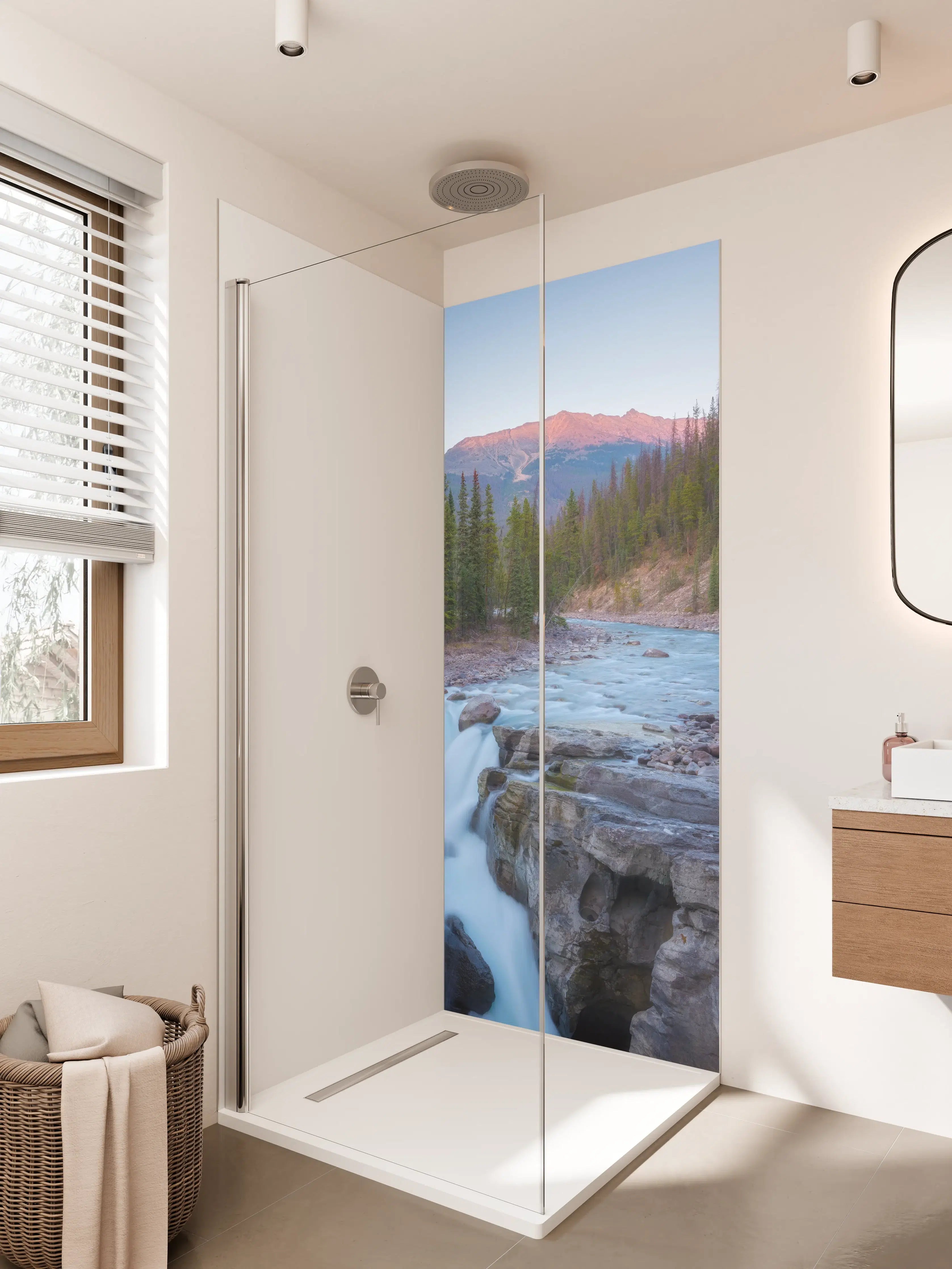 Duschrückwand - Berglandschaft mit Fluss bei Sonnenaufgang