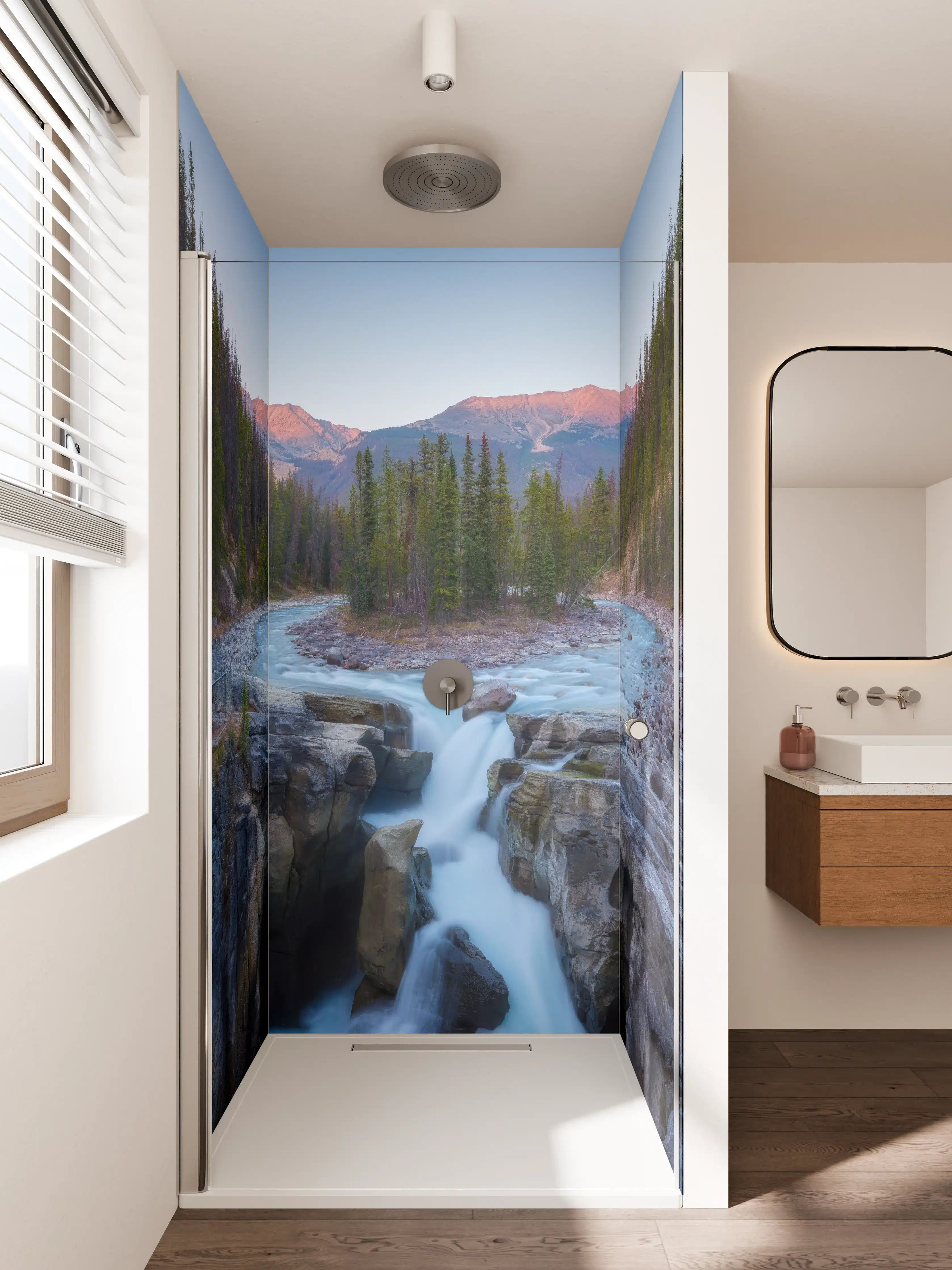 Duschrückwand - Berglandschaft mit Fluss bei Sonnenaufgang