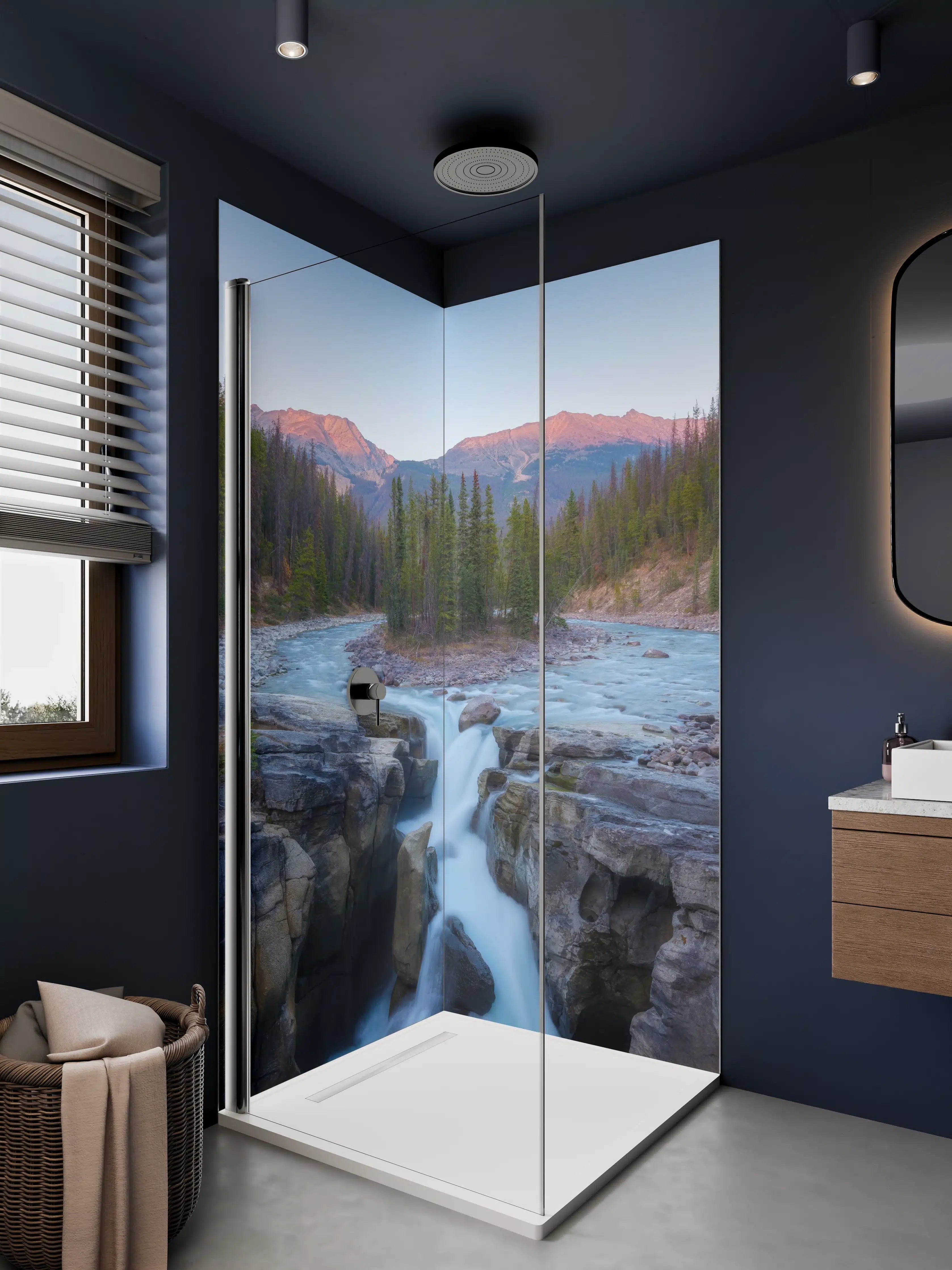 Duschrückwand - Berglandschaft mit Fluss bei Sonnenaufgang