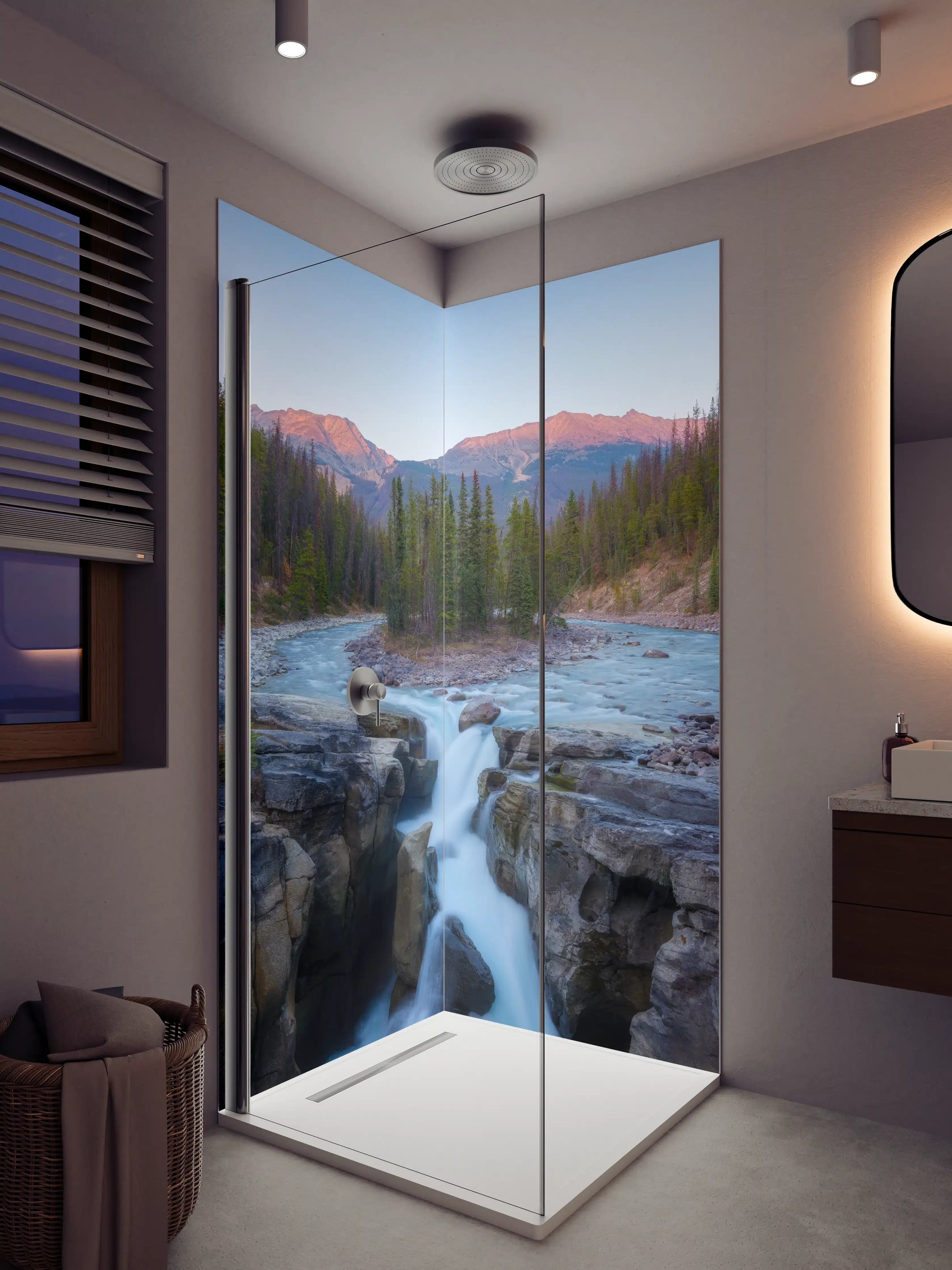 Duschrückwand - Berglandschaft mit Fluss bei Sonnenaufgang