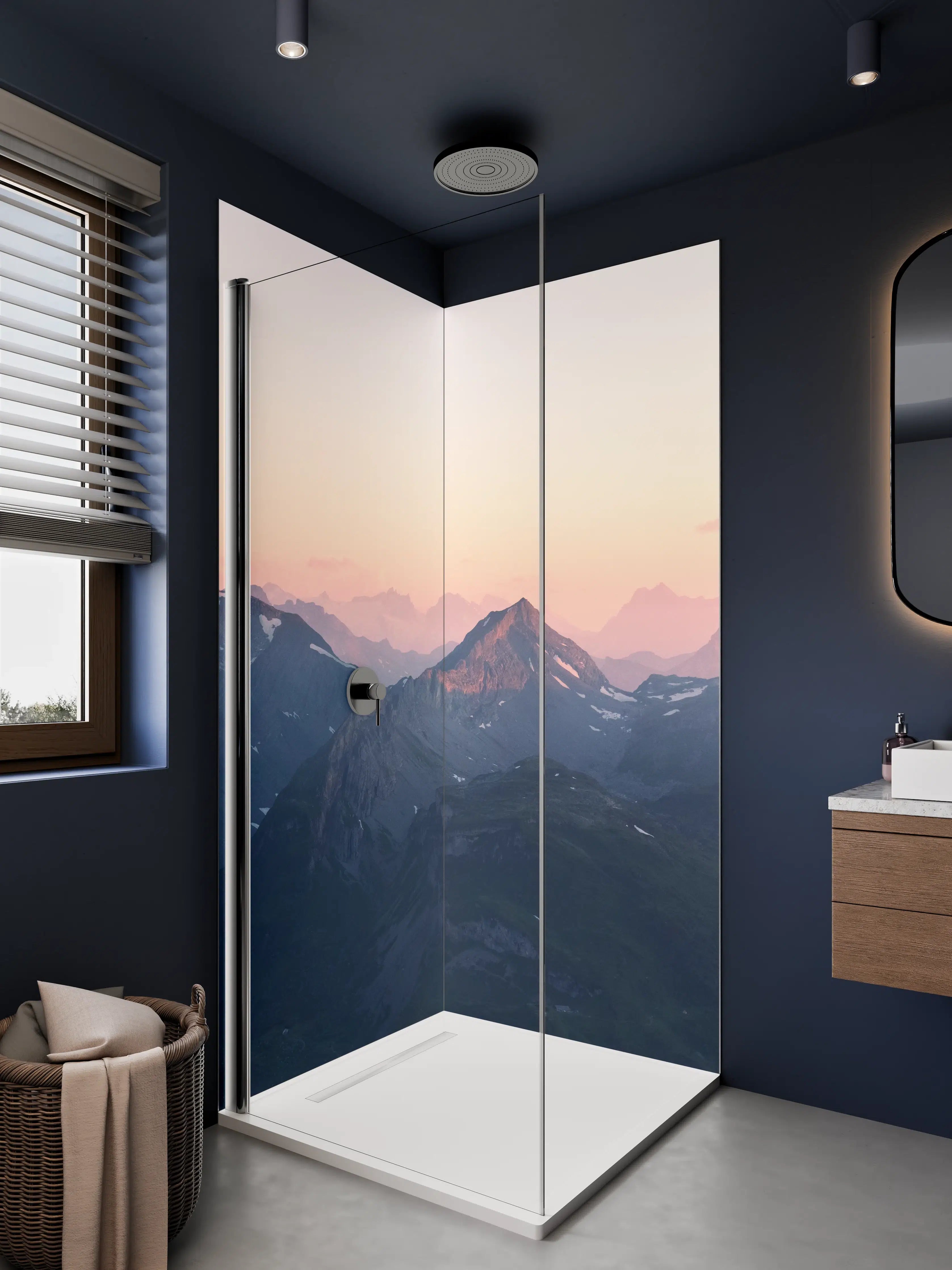 Duschrückwand - Bergpanorama bei Sonnenaufgang in Pastellfarben