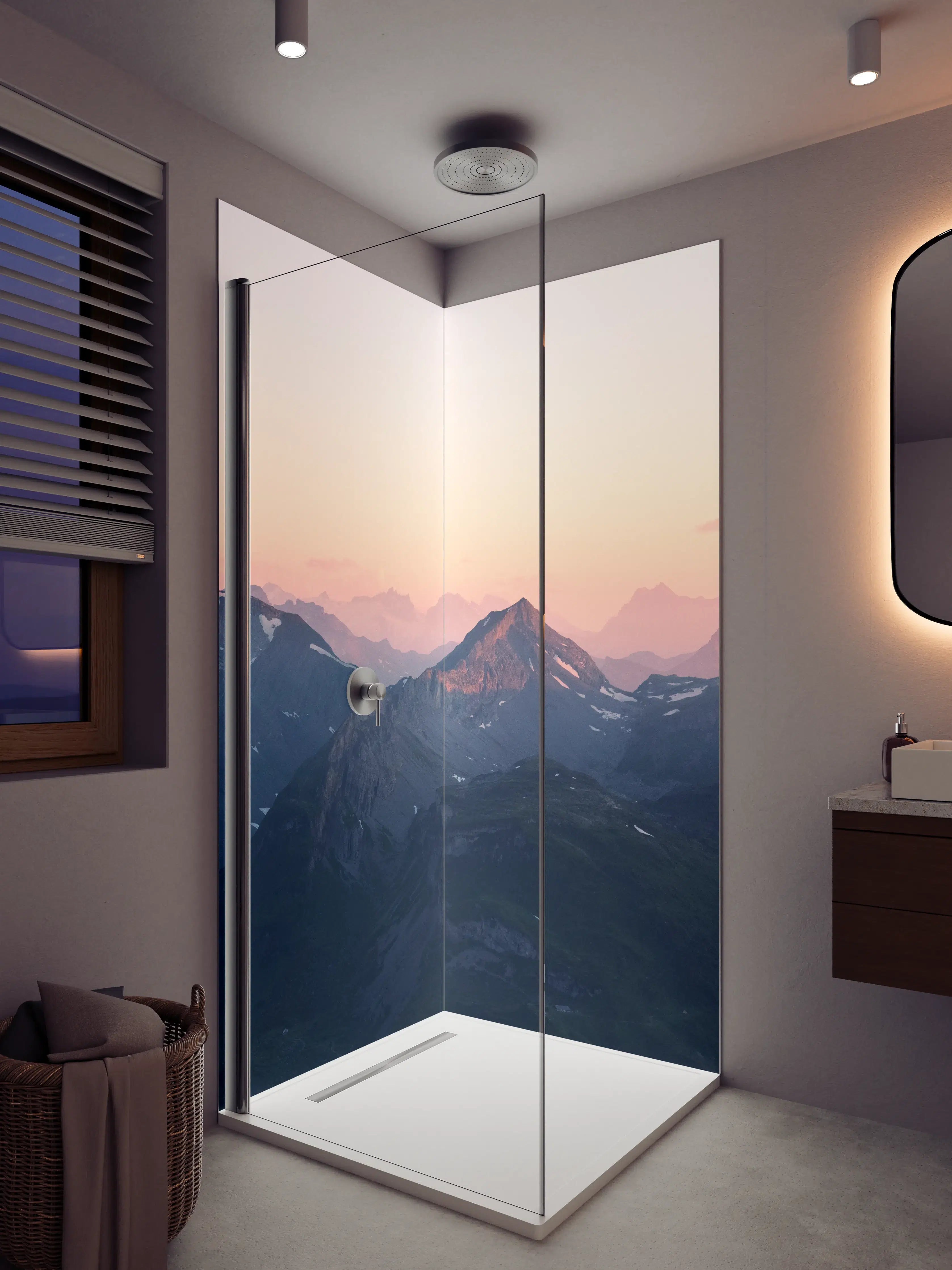 Duschrückwand - Bergpanorama bei Sonnenaufgang in Pastellfarben