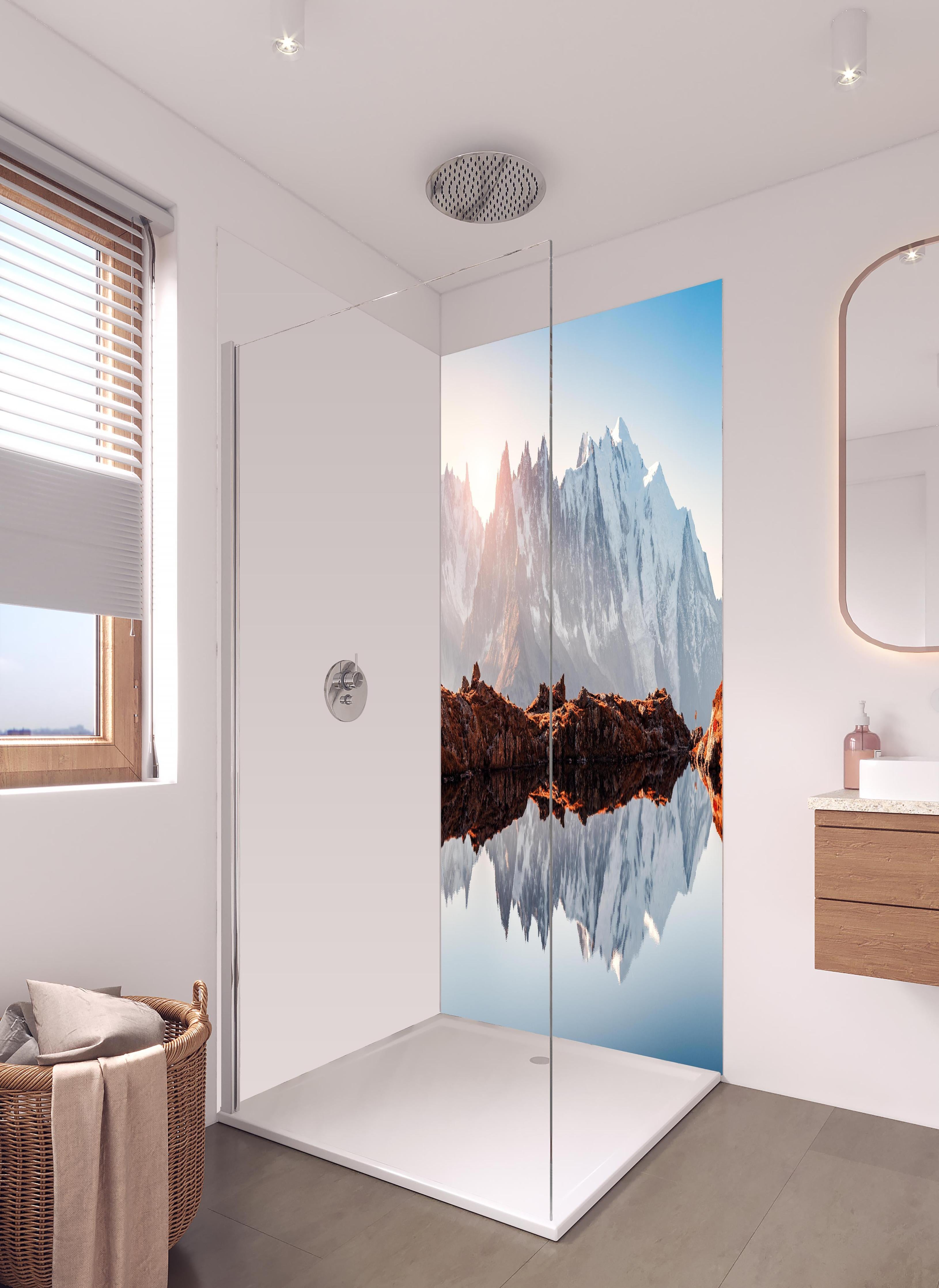 Duschrückwand - Bergspiegelung im Lac Blanc See in hellem Badezimmer mit Regenduschkopf - zweiteilige Eck-Duschrückwand