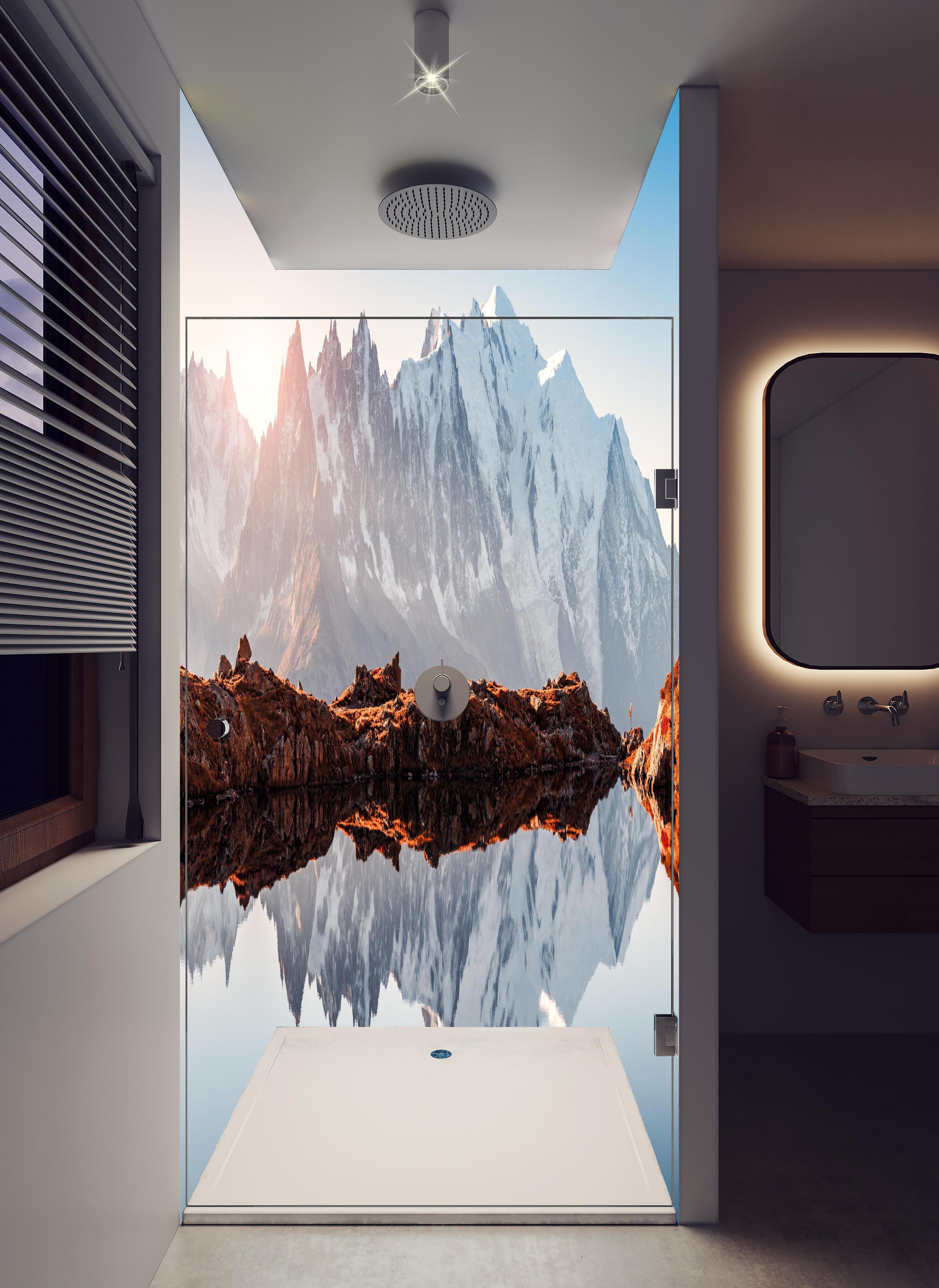 Duschrückwand - Bergspiegelung im Lac Blanc See in hellem Badezimmer mit Regenduschkopf - zweiteilige Eck-Duschrückwand