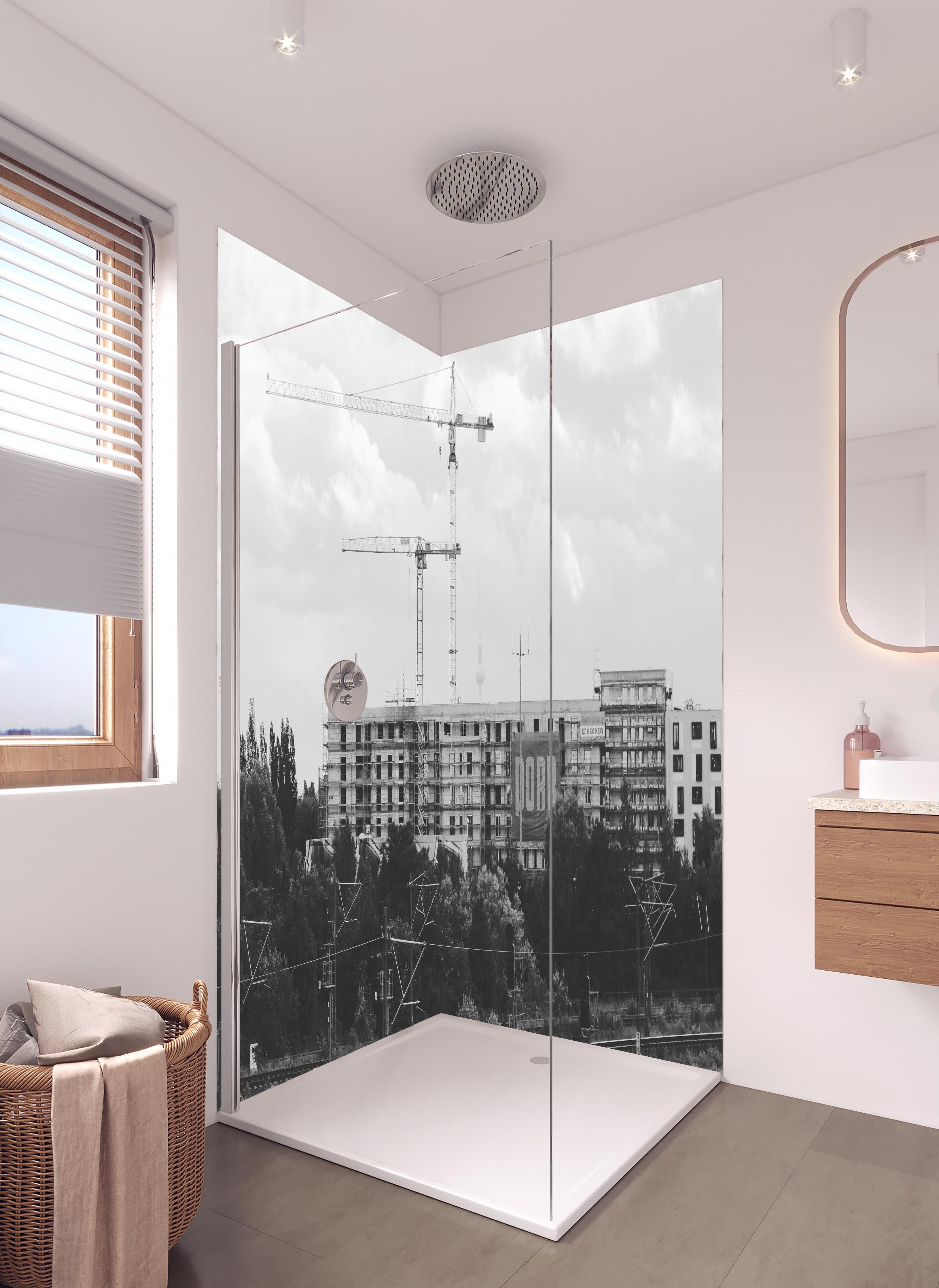 Duschrückwand - Berlin Schwarz-Weiß Stadtlandschaft Industrie in hellem Badezimmer mit Regenduschkopf - zweiteilige Eck-Duschrückwand