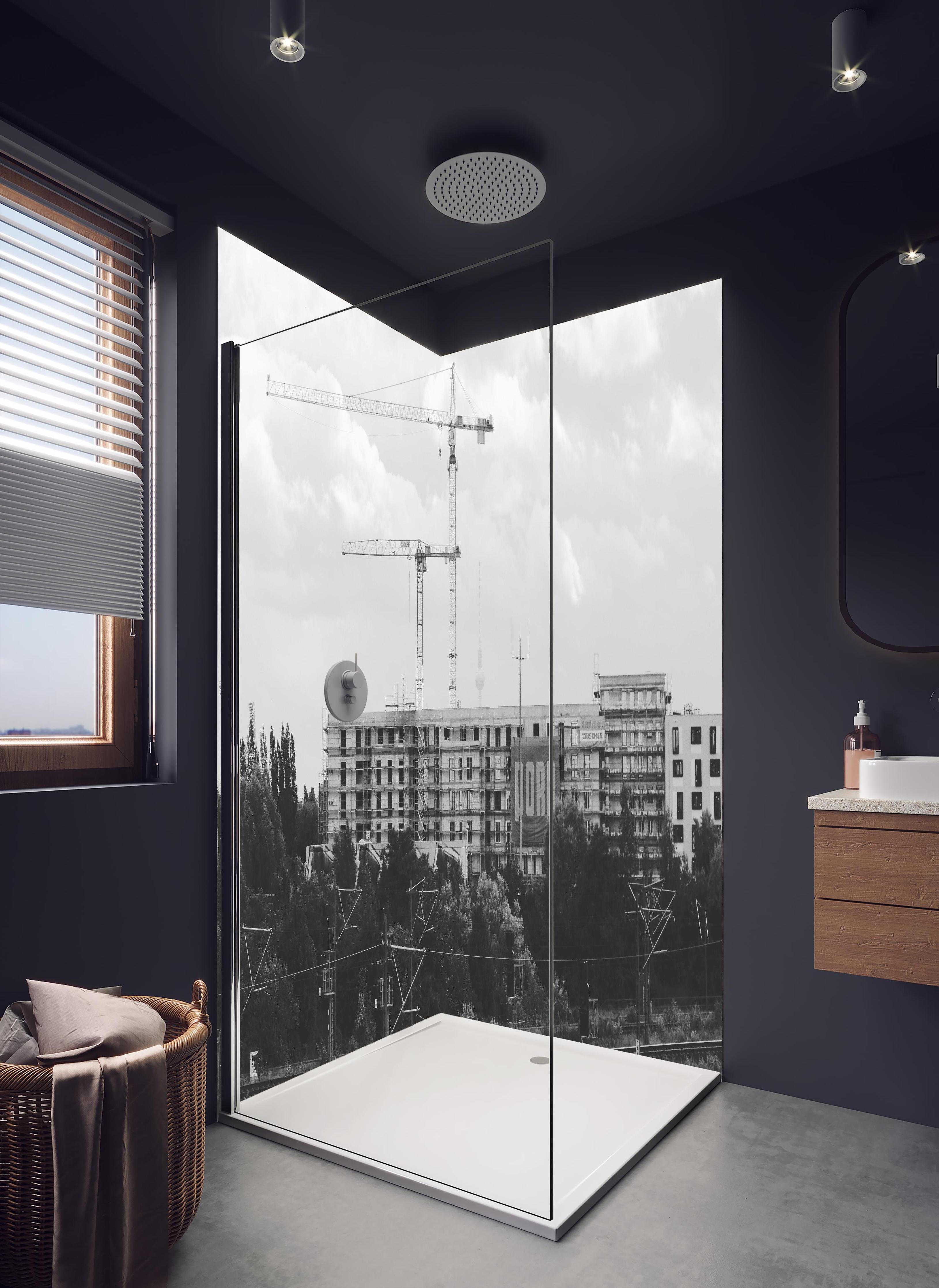 Duschrückwand - Berlin Schwarz-Weiß Stadtlandschaft Industrie in hellem Badezimmer mit Regenduschkopf - zweiteilige Eck-Duschrückwand