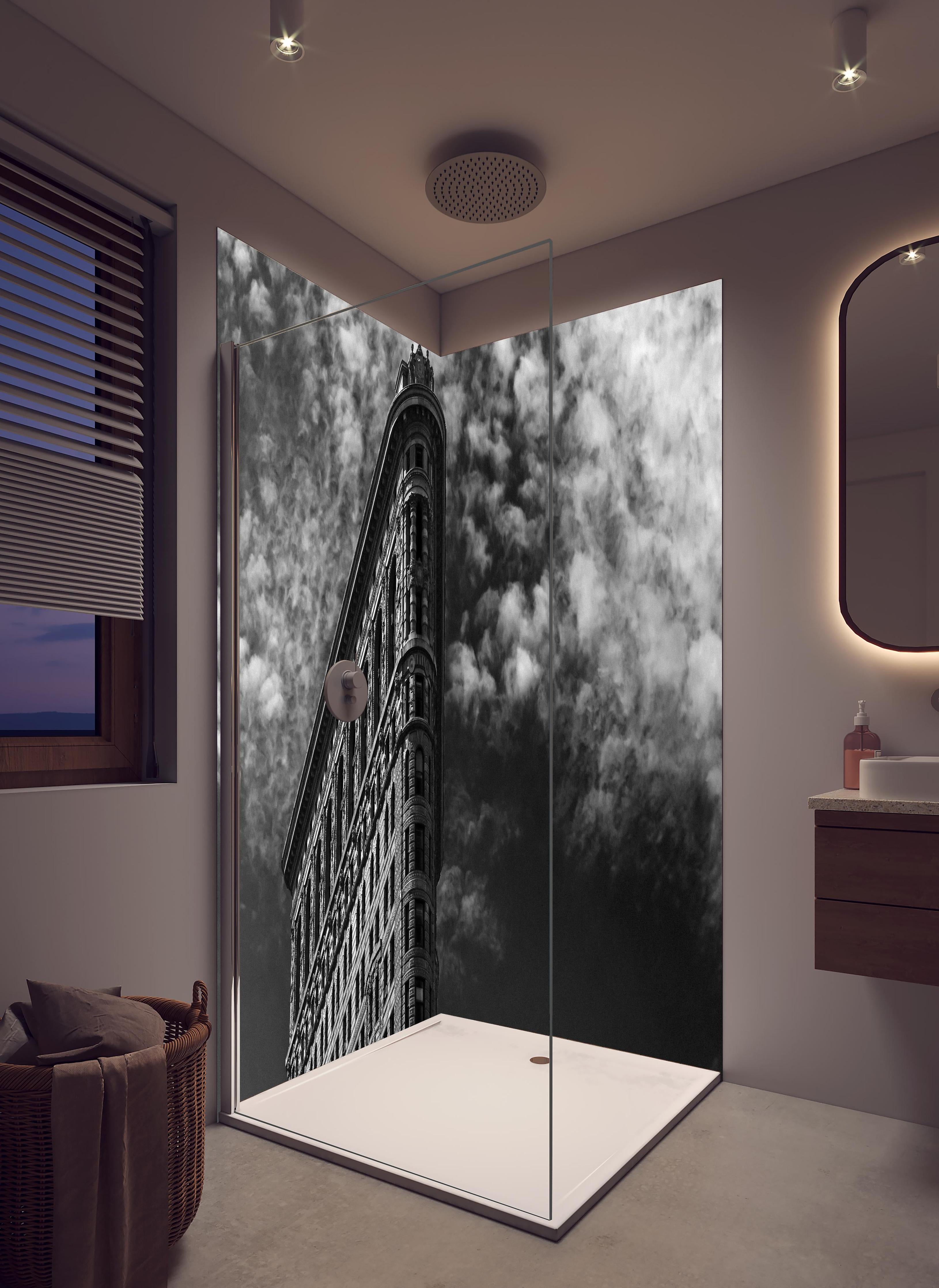 Duschrückwand - Berühmtes Flariton Gebäude - NYC in hellem Badezimmer mit Regenduschkopf - zweiteilige Eck-Duschrückwand