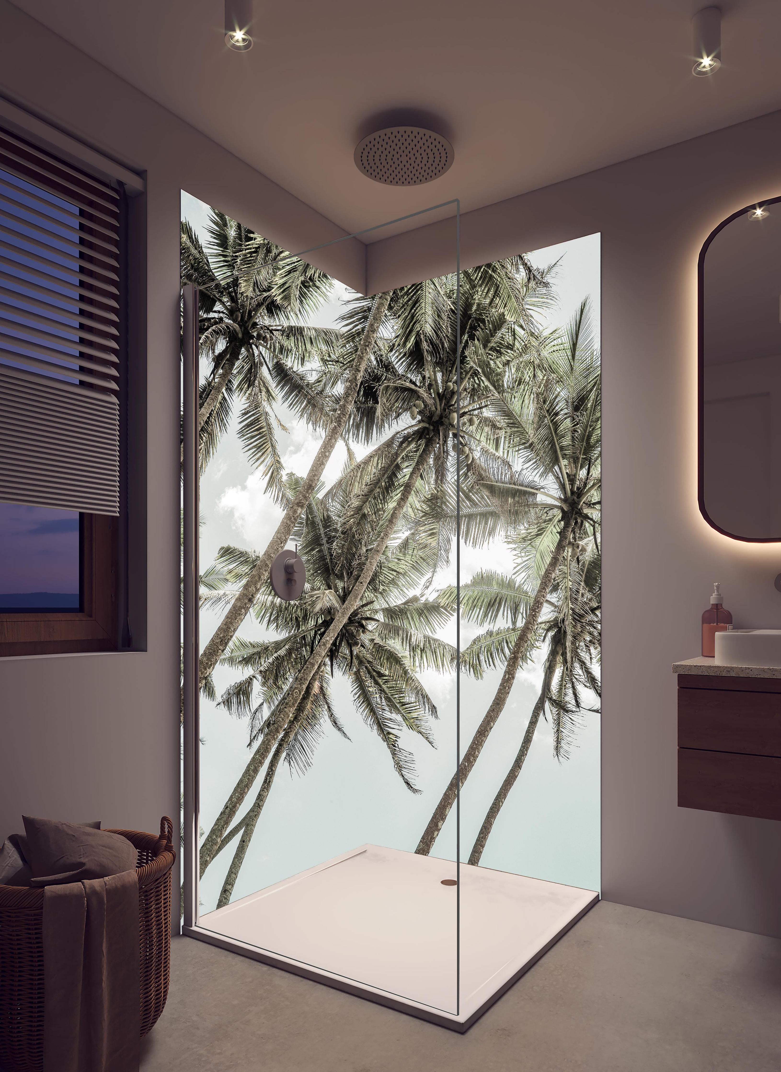 Duschrückwand - Beruhigende Palmen vor wolkenreichem Himmel in hellem Badezimmer mit Regenduschkopf - zweiteilige Eck-Duschrückwand